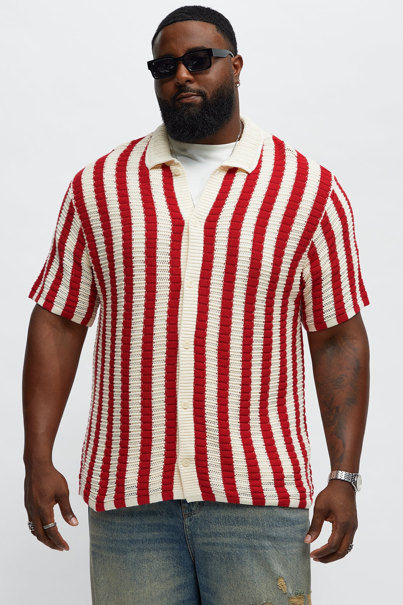 Clark Striped Knit Button up Shirt - Red/combo Fashion Nova