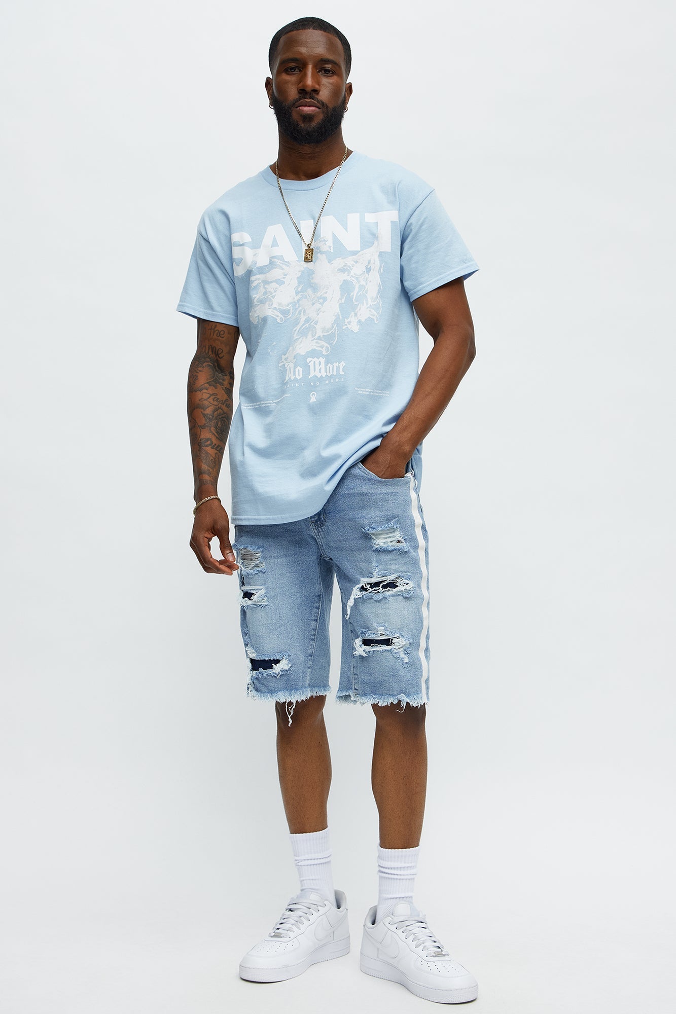 Forever Saint No More Short Sleeve Tee - Light Blue Fashion Nova
