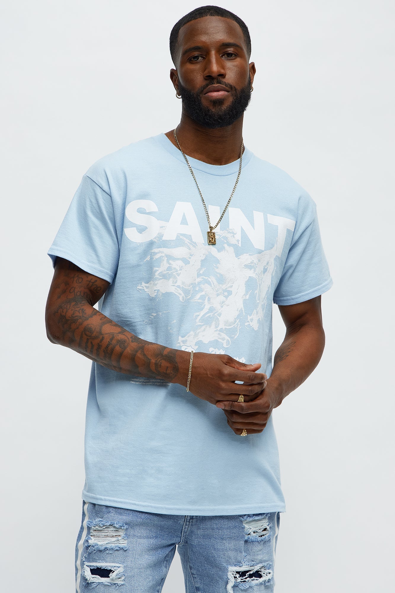 Forever Saint No More Short Sleeve Tee - Light Blue Fashion Nova