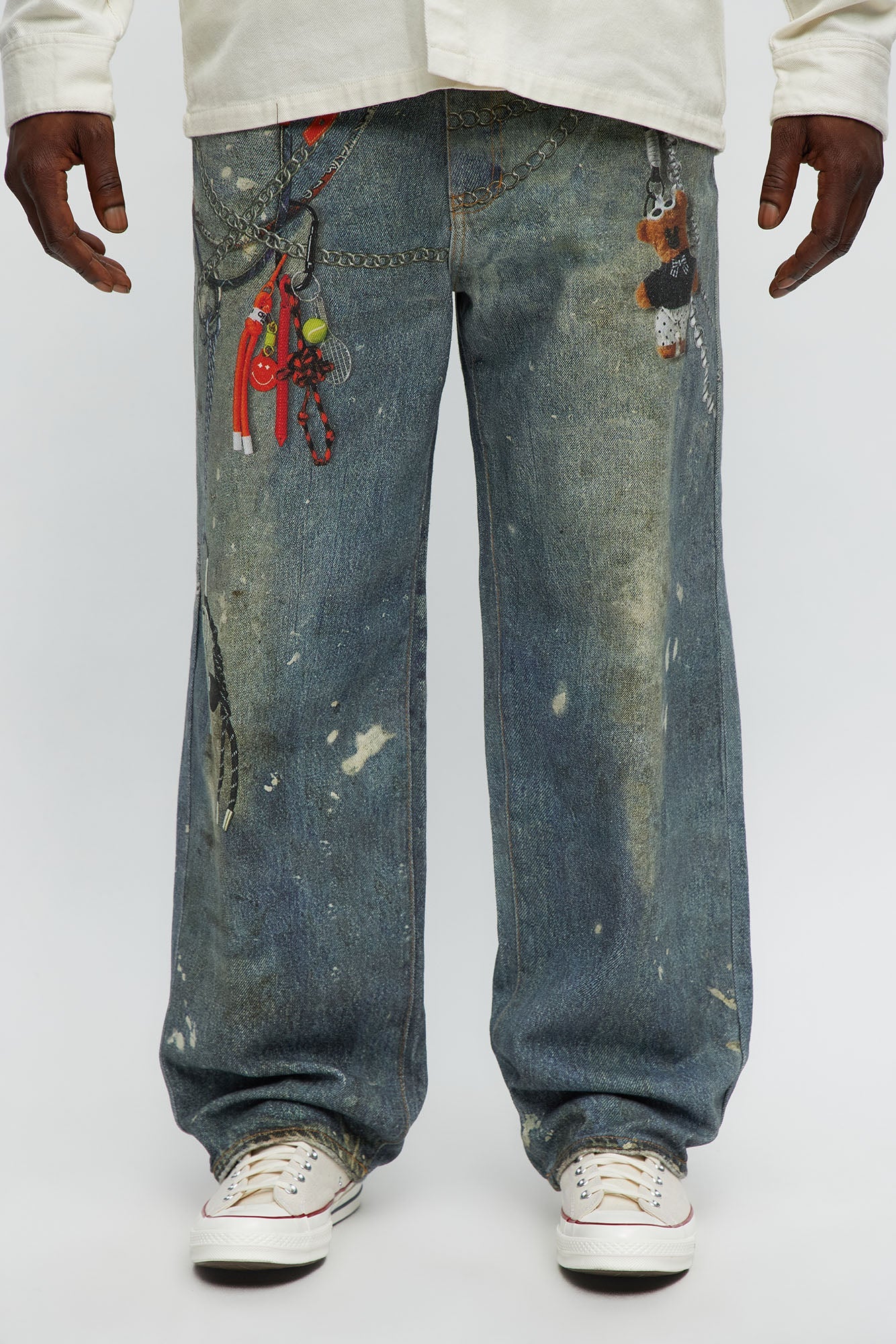 Baggy Rebel Printed Jeans - Medium Blue Wash Fashion Nova