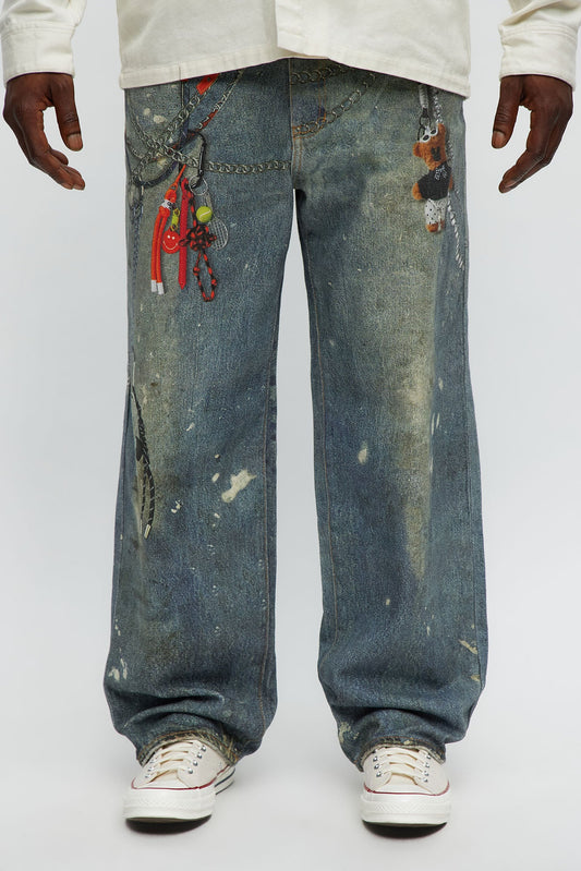 Baggy Rebel Printed Jeans - Medium Blue Wash Fashion Nova