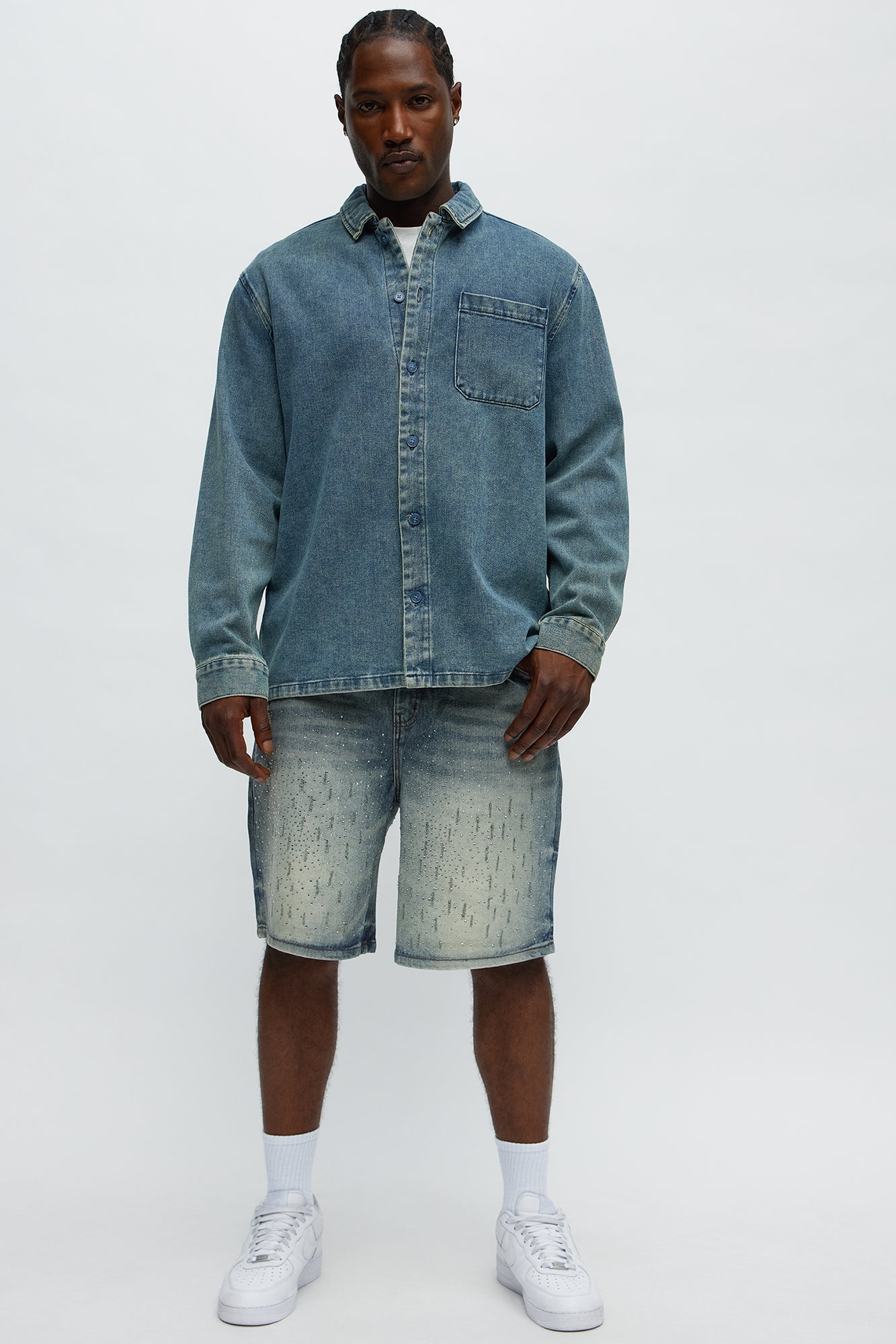 Young Star Jeweled Relaxed Denim Shorts - Medium Blue Wash Fashion Nova
