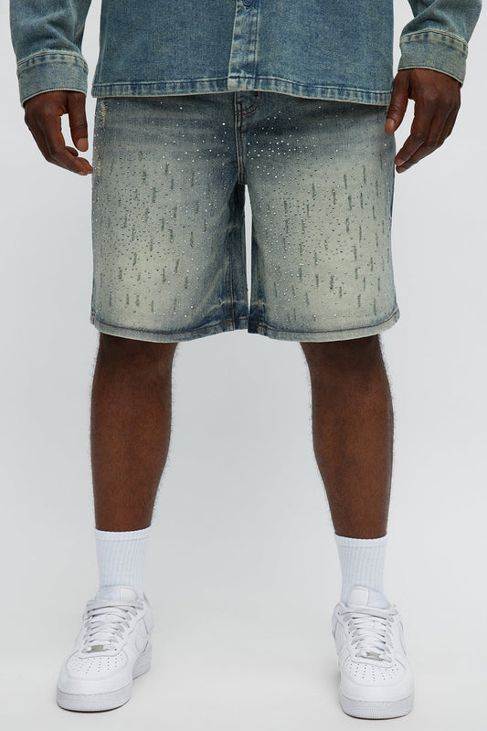 Young Star Jeweled Relaxed Denim Shorts - Medium Blue Wash Fashion Nova