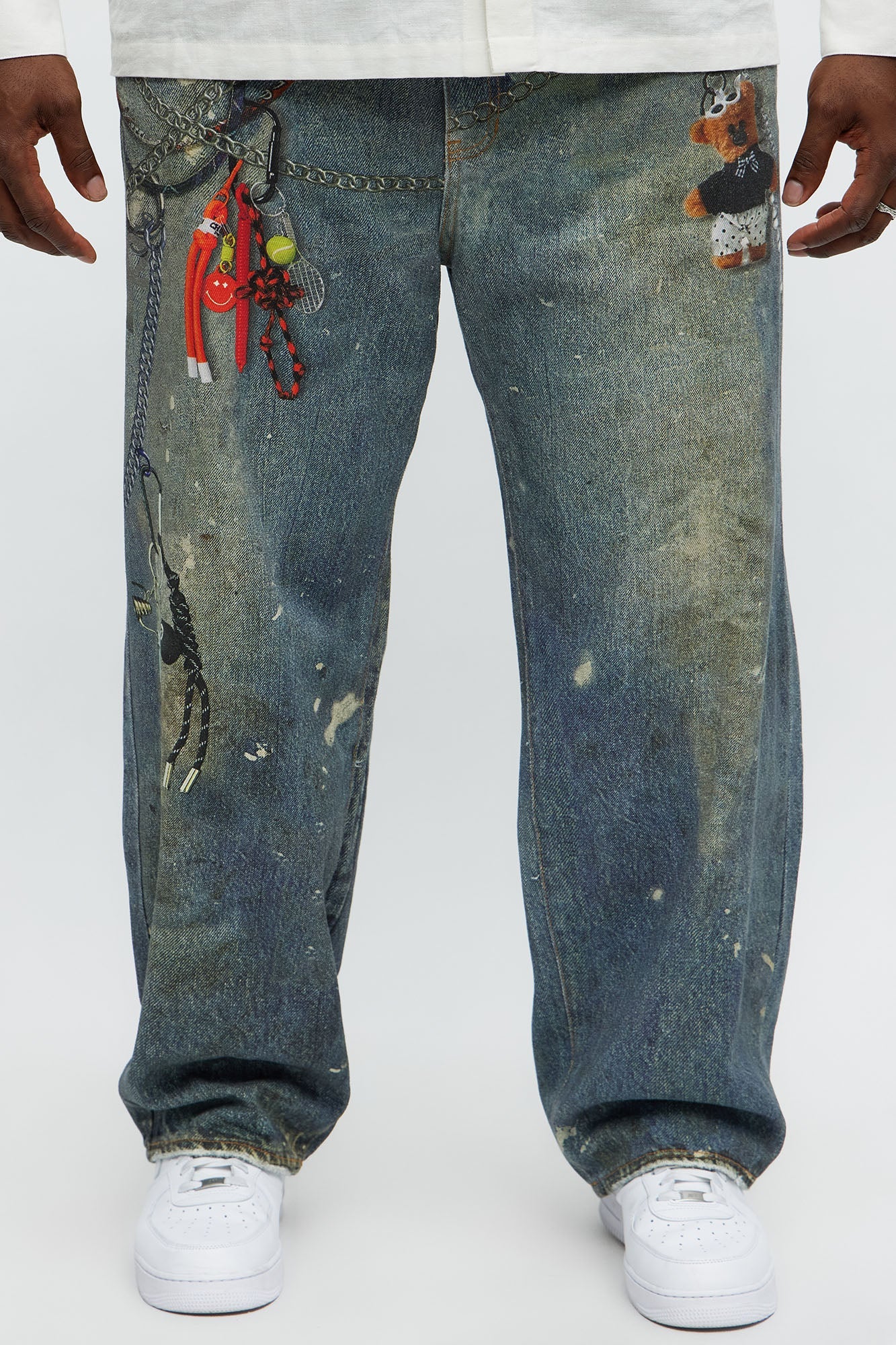 Baggy Rebel Printed Jeans - Medium Blue Wash Fashion Nova