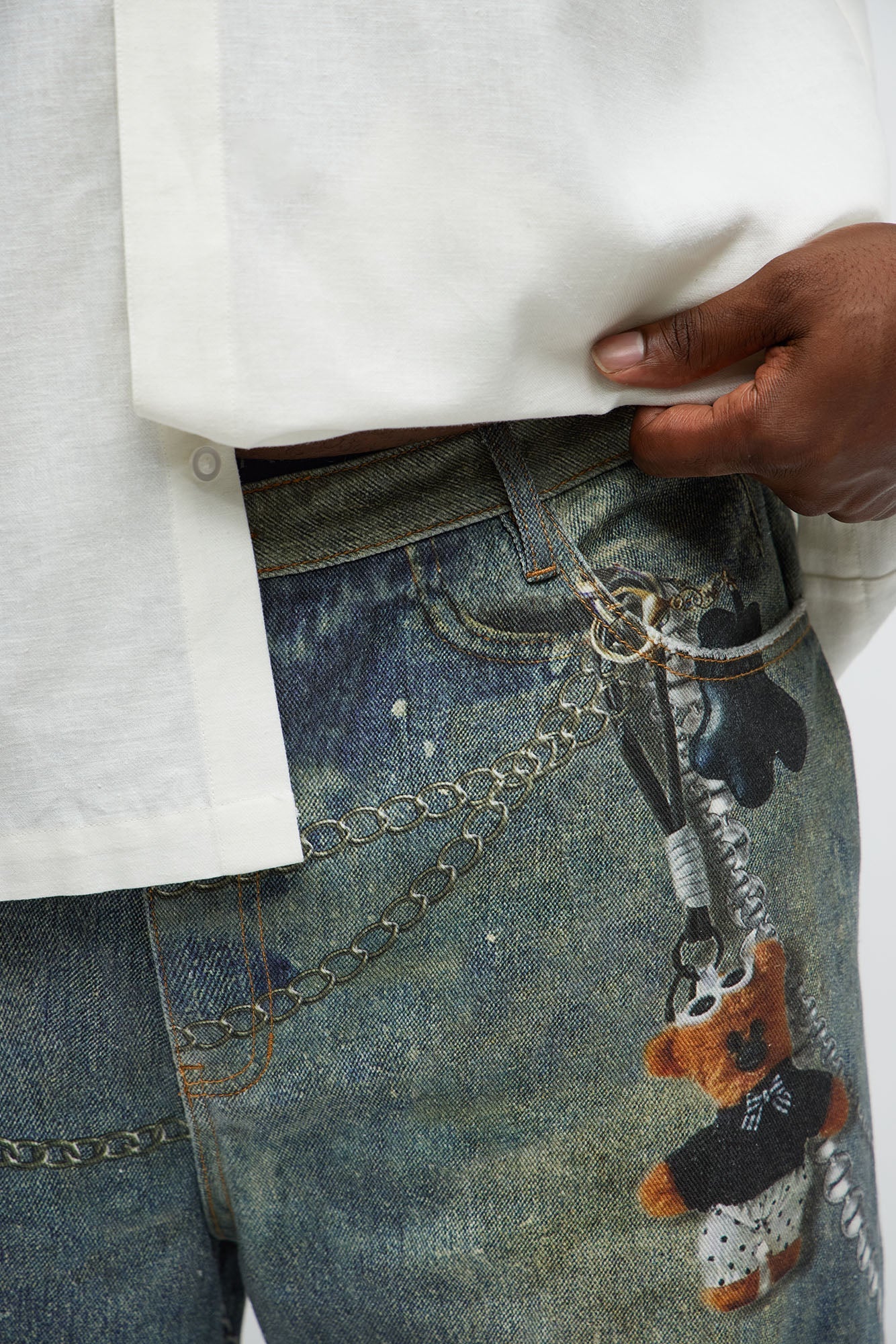 Baggy Rebel Printed Jeans - Medium Blue Wash Fashion Nova