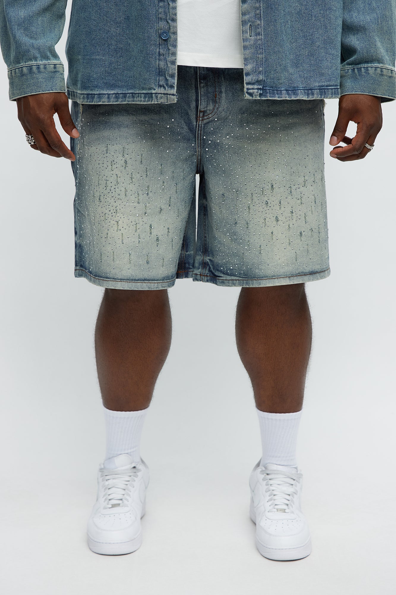 Young Star Jeweled Relaxed Denim Shorts - Medium Blue Wash Fashion Nova