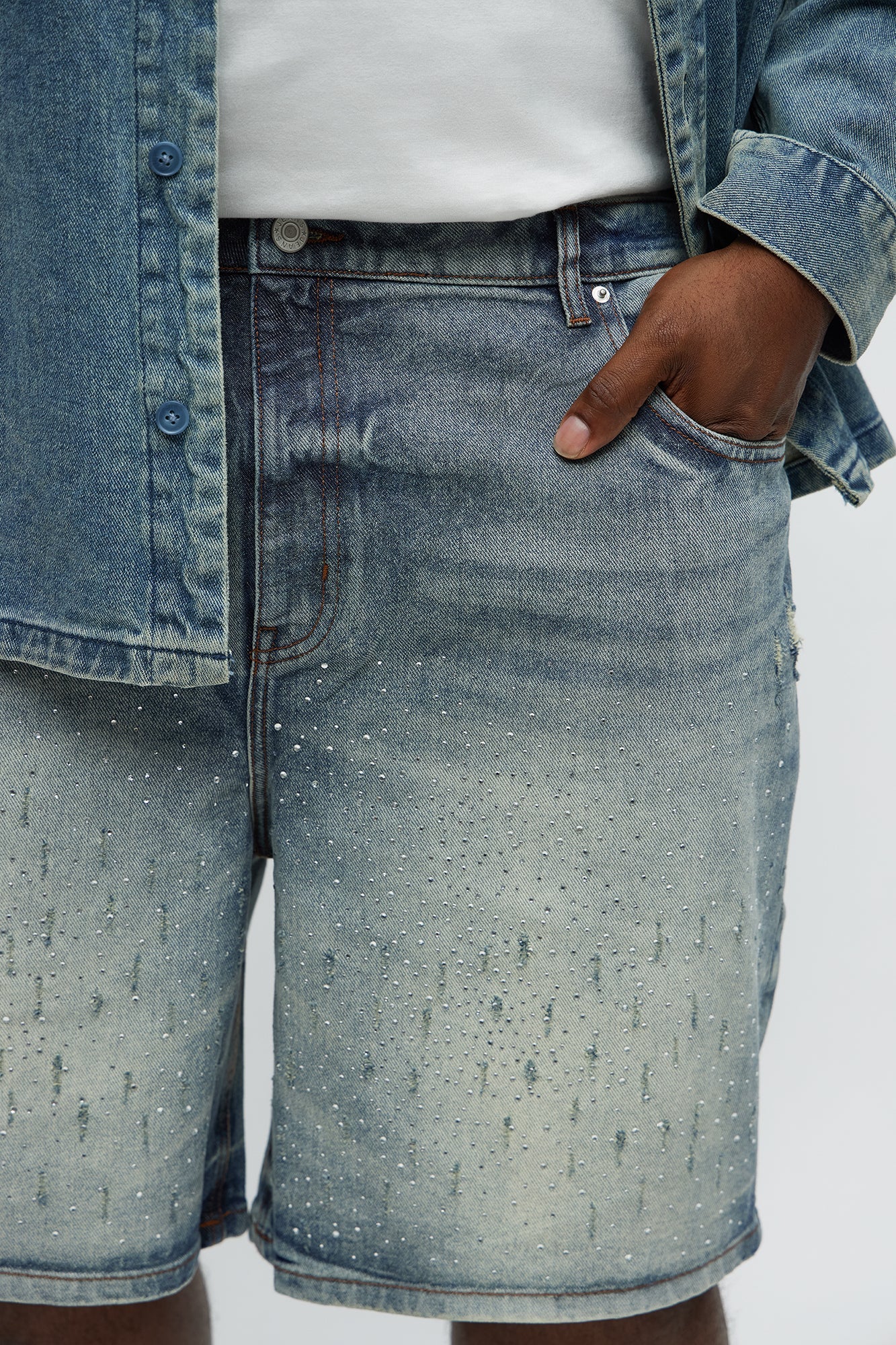 Young Star Jeweled Relaxed Denim Shorts - Medium Blue Wash Fashion Nova