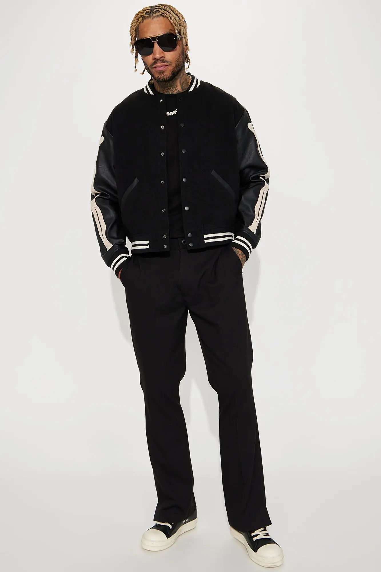 Bone Applique Varsity Bomber Jacket - Black Fashion Nova