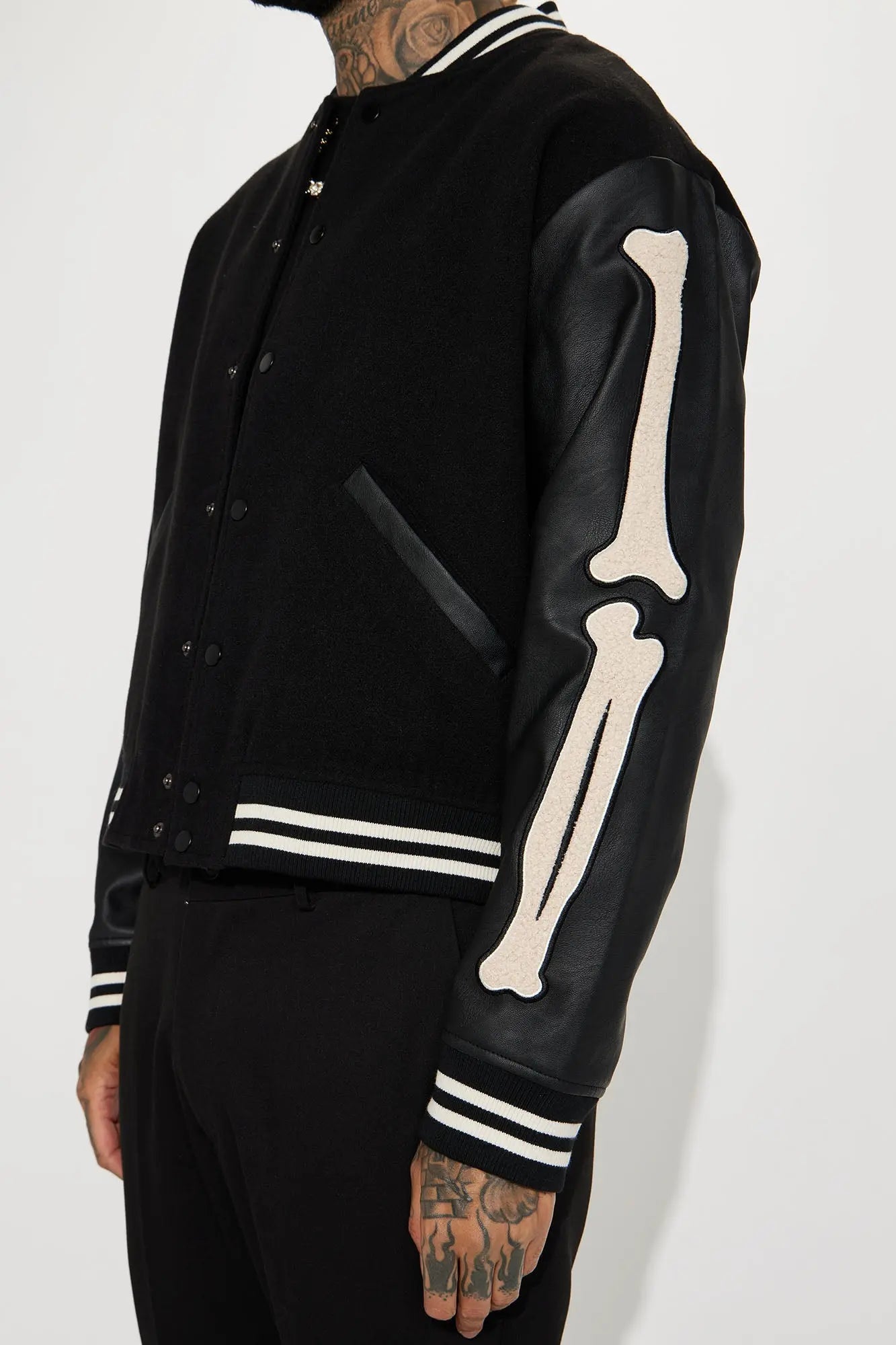 Bone Applique Varsity Bomber Jacket - Black Fashion Nova