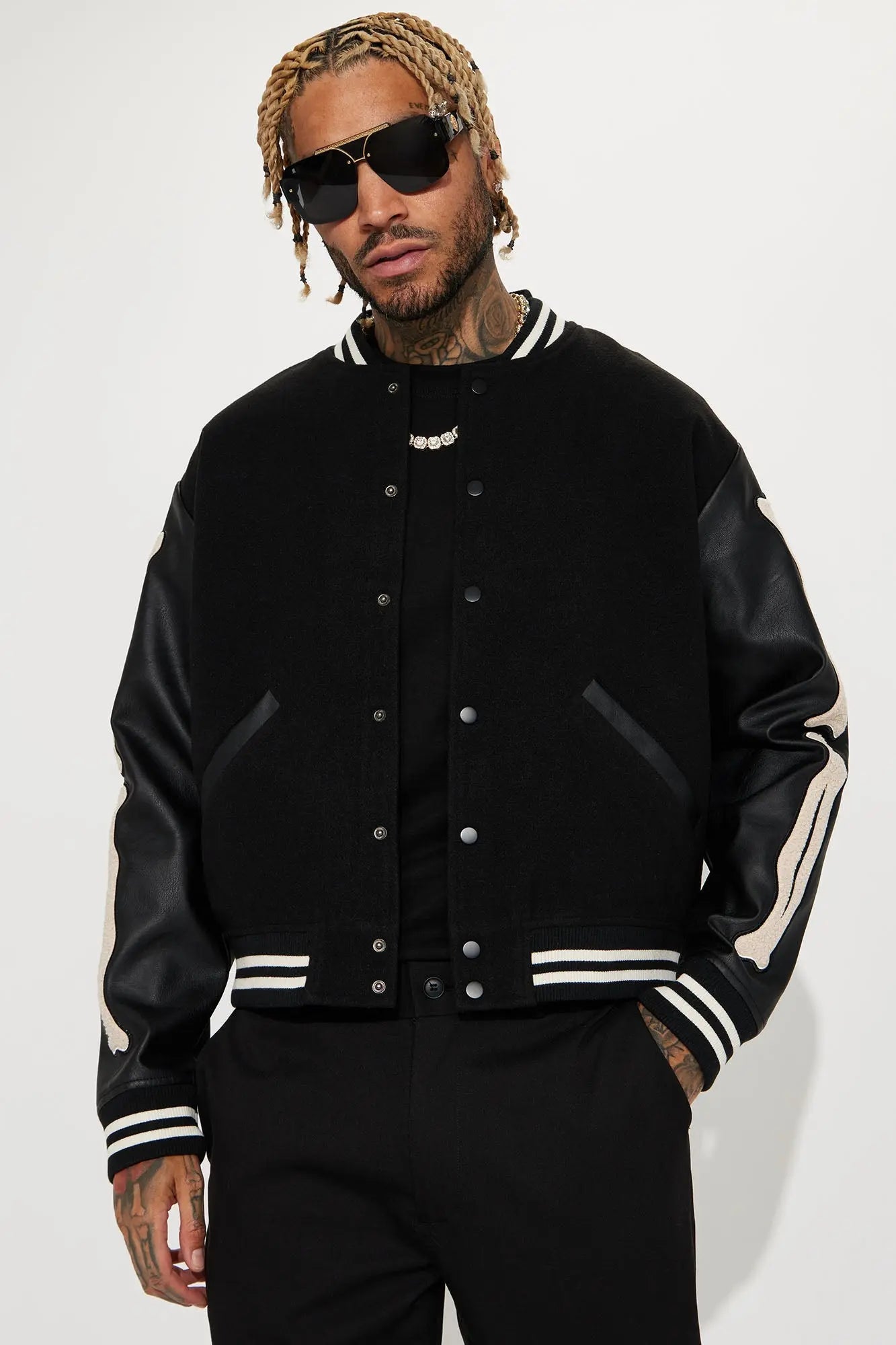 Bone Applique Varsity Bomber Jacket - Black Fashion Nova