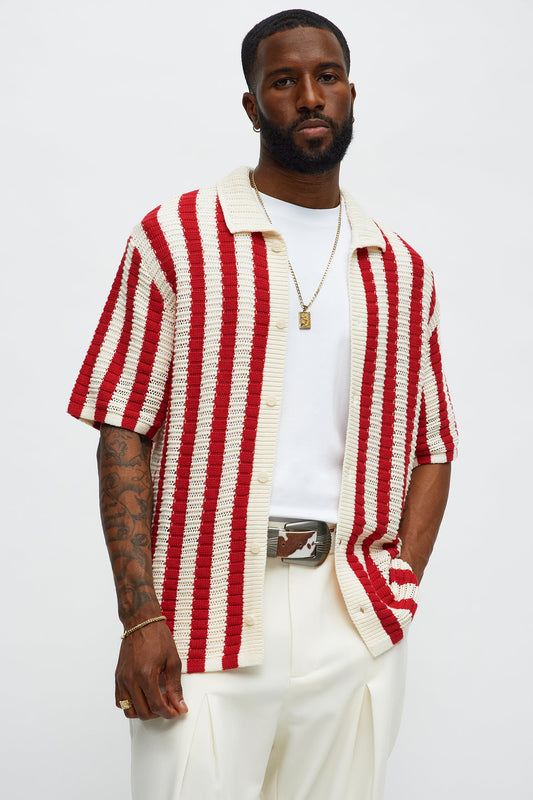 Clark Striped Knit Button up Shirt - Red/combo Fashion Nova