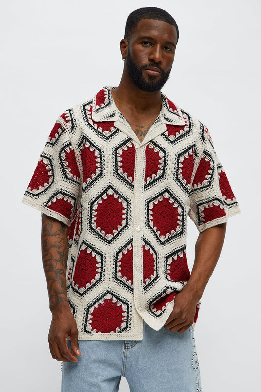 Vacay Vibes Crochet Button Up Shirt - Red/combo Fashion Nova
