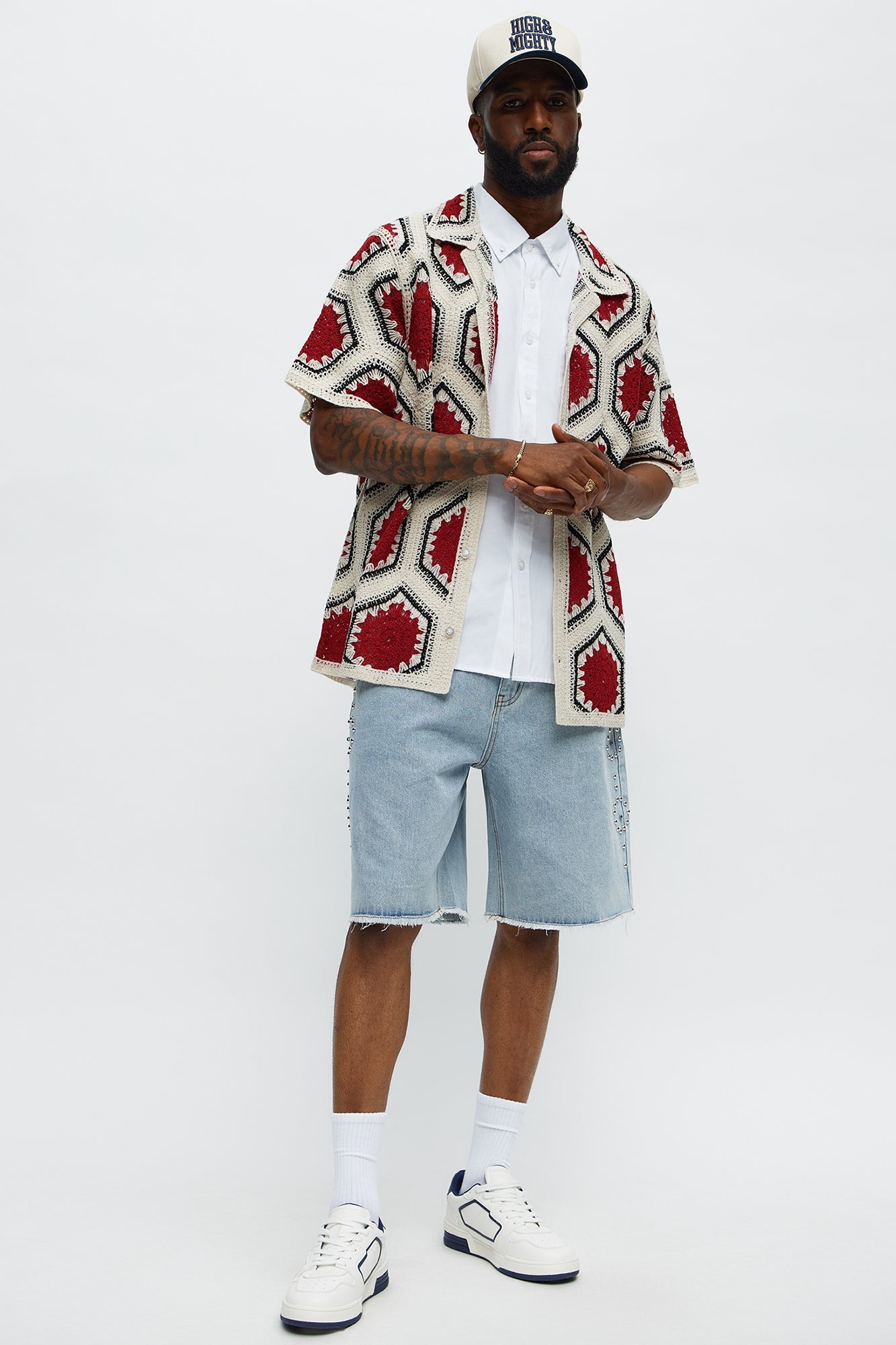 Vacay Vibes Crochet Button Up Shirt - Red/combo Fashion Nova
