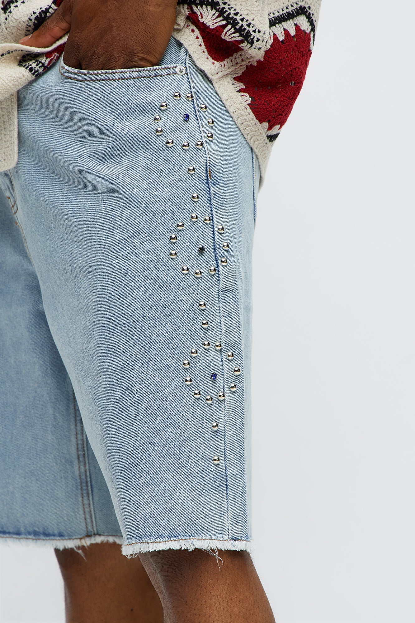 Relaxed Come In Clutch Studded Denim Shorts - Light Blue Wash Fashion Nova