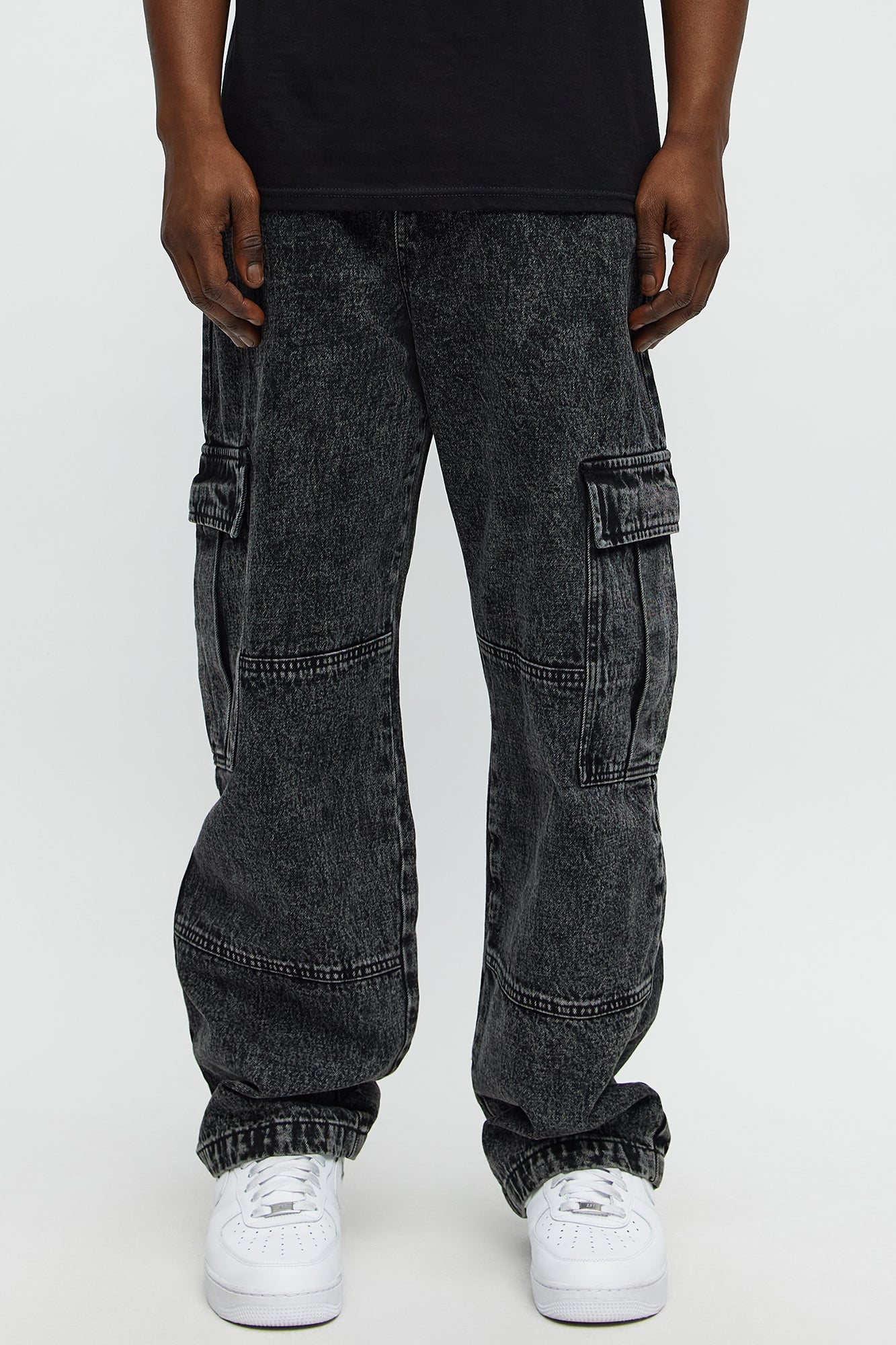 Baggy Minor Panel Cargo Jeans - Black Wash Fashion Nova