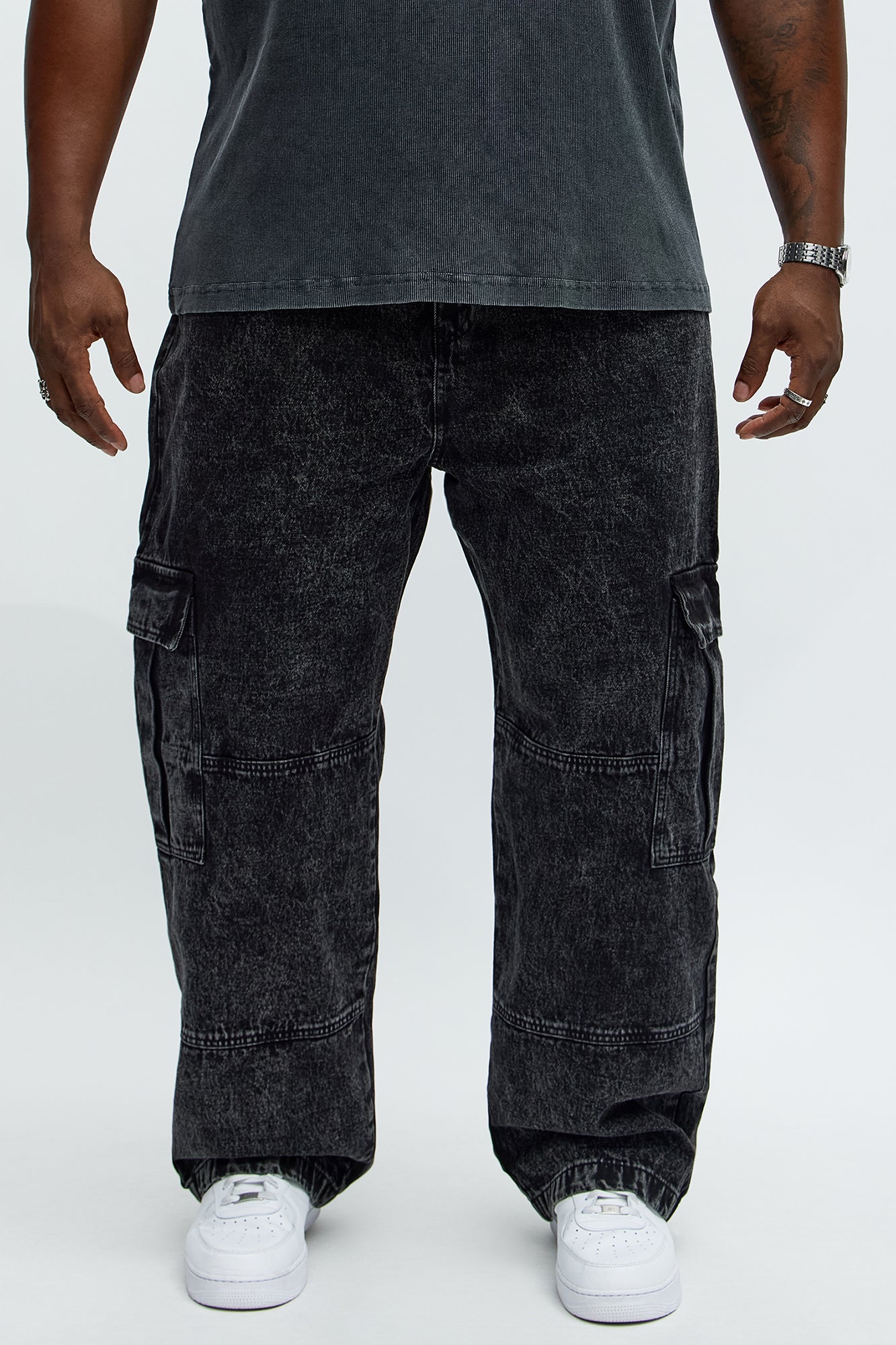 Baggy Minor Panel Cargo Jeans - Black Wash Fashion Nova