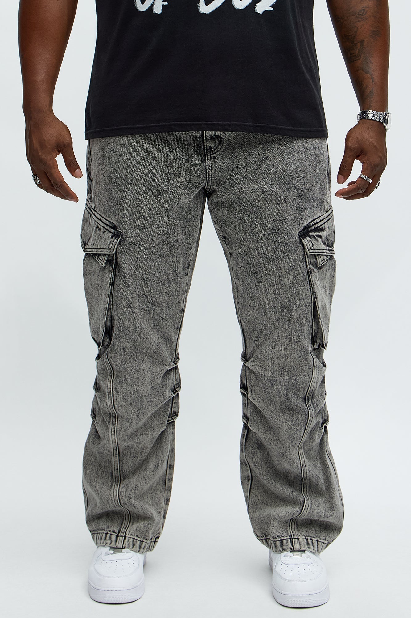Stacked Slim Flare Street Edge Cargo Jeans - Black Wash Fashion Nova