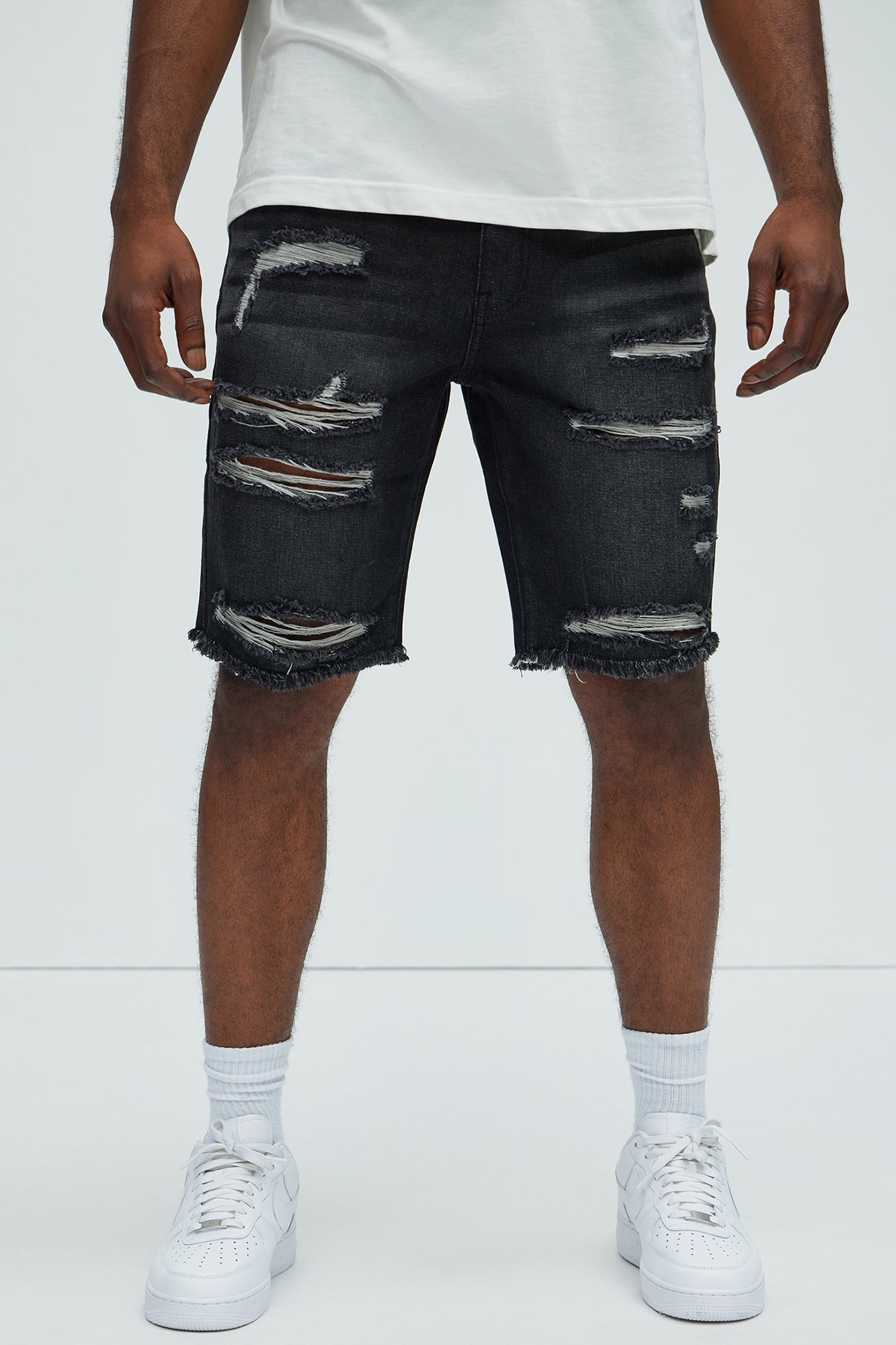 Back To It Distressed Raw Hem Slim Denim Shorts - Black Fashion Nova
