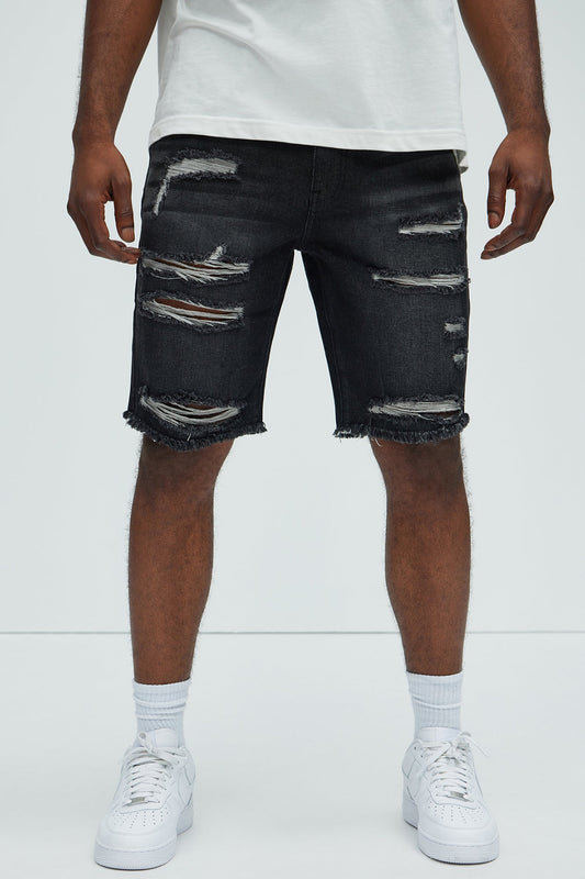 Back To It Distressed Raw Hem Slim Denim Shorts - Black Fashion Nova