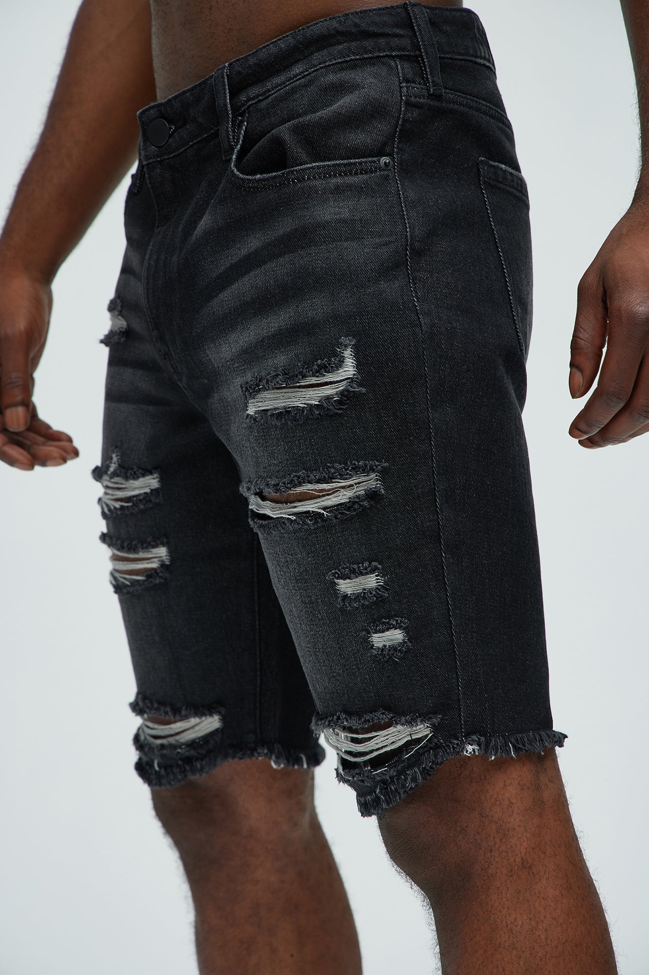 Back To It Distressed Raw Hem Slim Denim Shorts - Black Fashion Nova