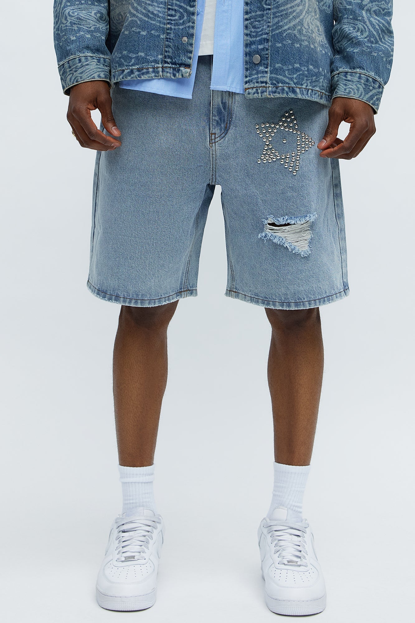 Relaxed Star Studded Denim Shorts - Light Blue Wash Fashion Nova