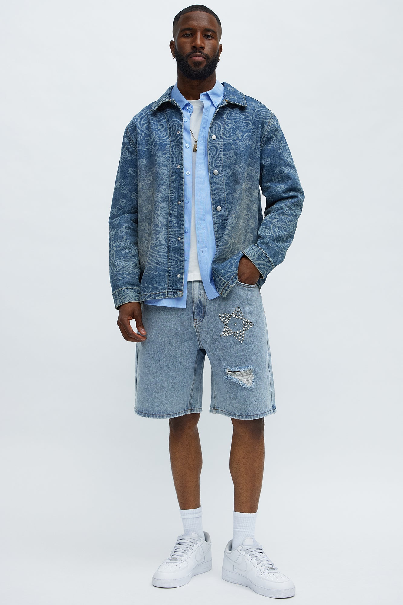 Relaxed Star Studded Denim Shorts - Light Blue Wash Fashion Nova