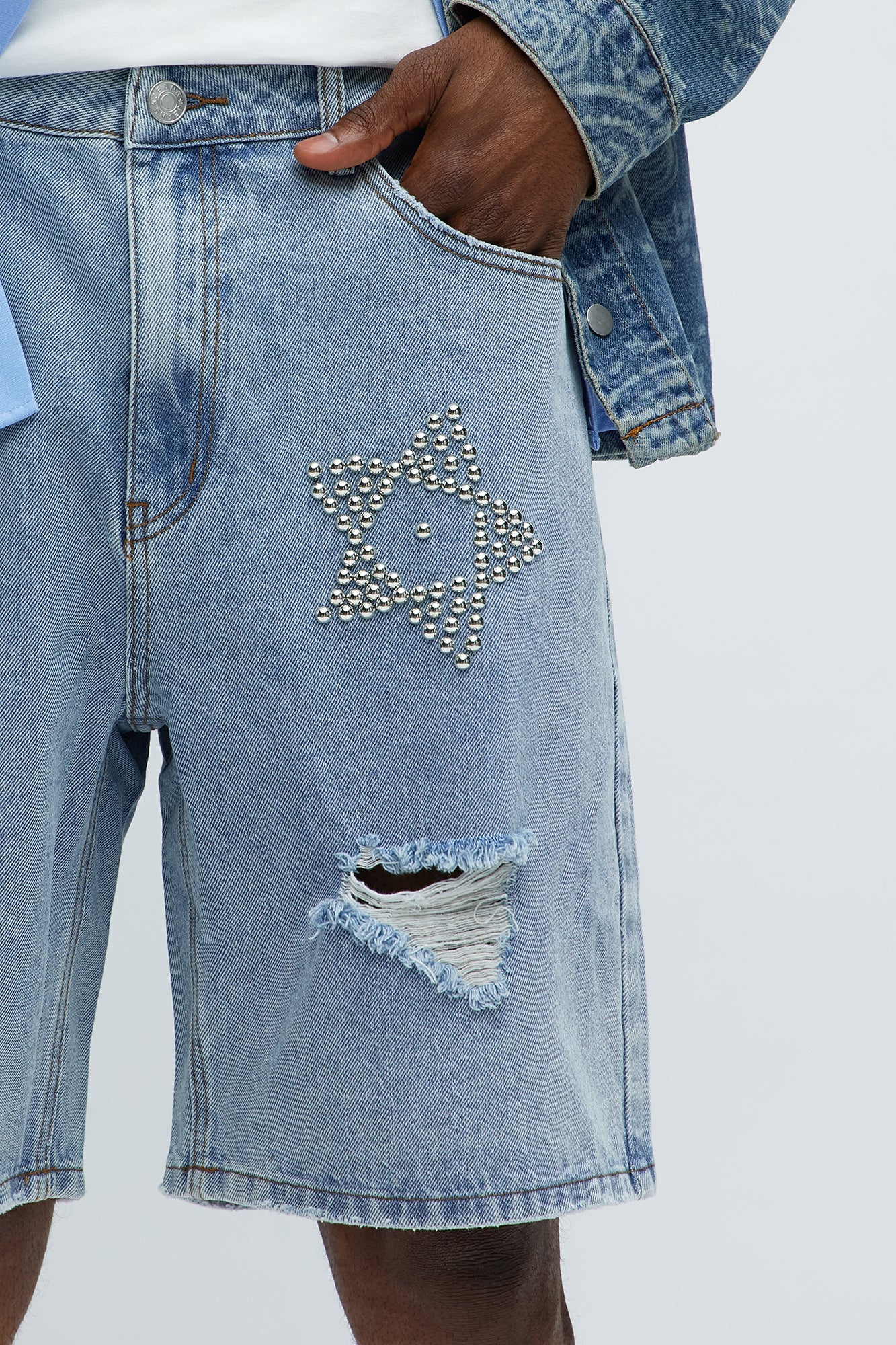 Relaxed Star Studded Denim Shorts - Light Blue Wash Fashion Nova