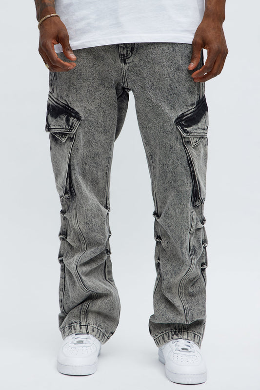 Stacked Slim Flare Street Edge Cargo Jeans - Black Wash Fashion Nova