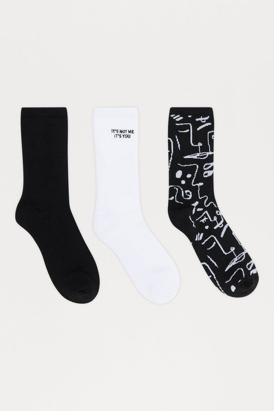 Graphic Crew Socks 3 Pack - White/Black Fashion Nova