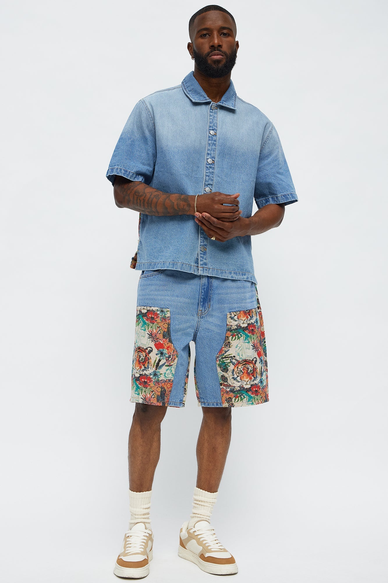 Relaxed Ansel Tapestry Denim Short Sleeve Shirt - Blue/combo Fashion Nova