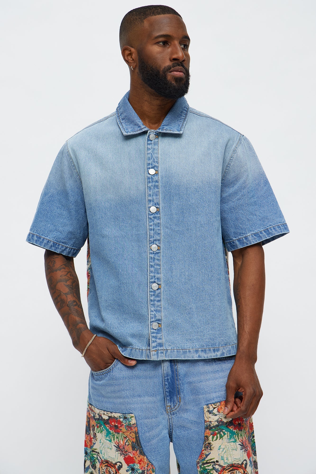 Relaxed Ansel Tapestry Denim Short Sleeve Shirt - Blue/combo Fashion Nova