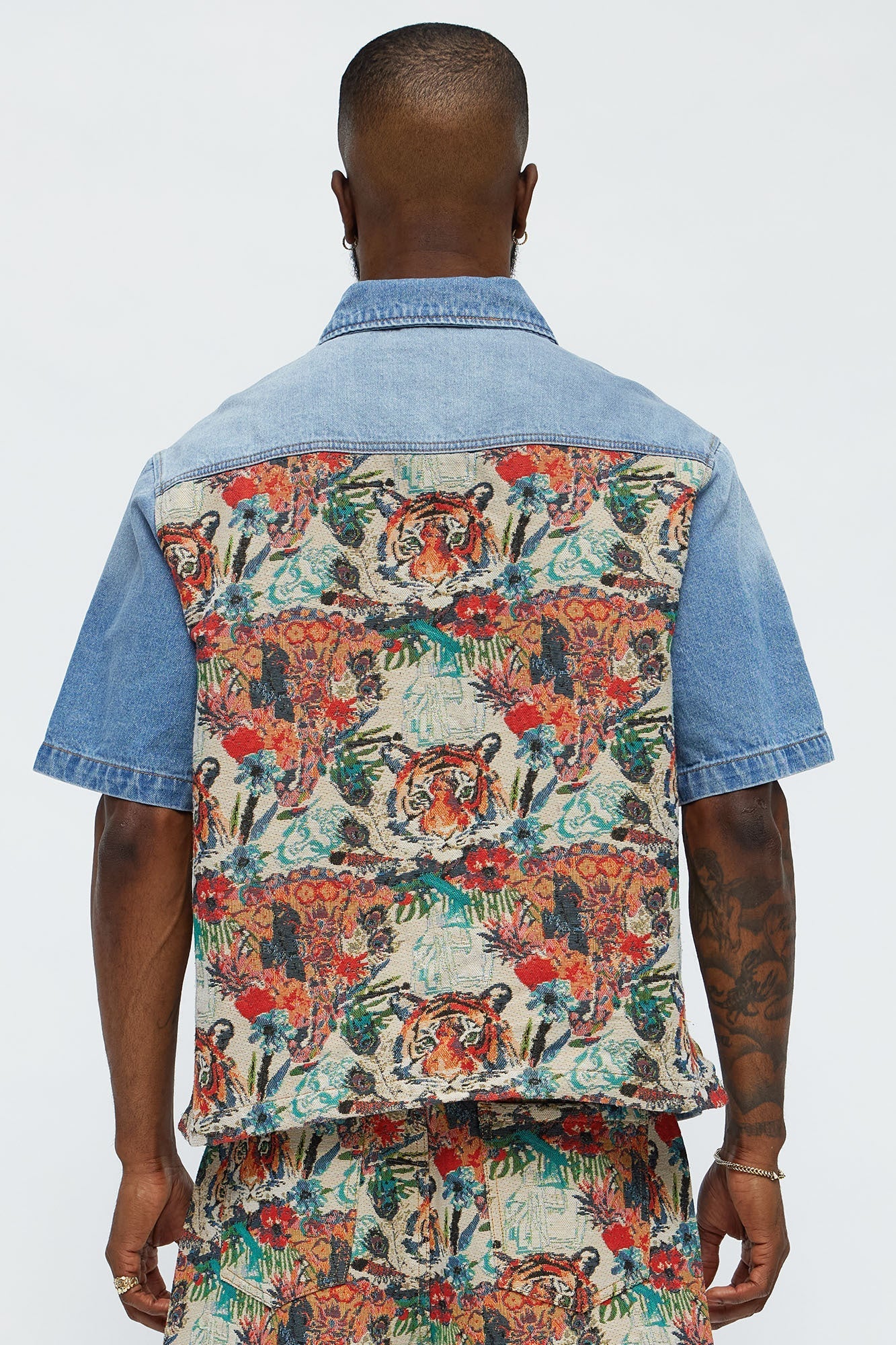 Relaxed Ansel Tapestry Denim Short Sleeve Shirt - Blue/combo Fashion Nova