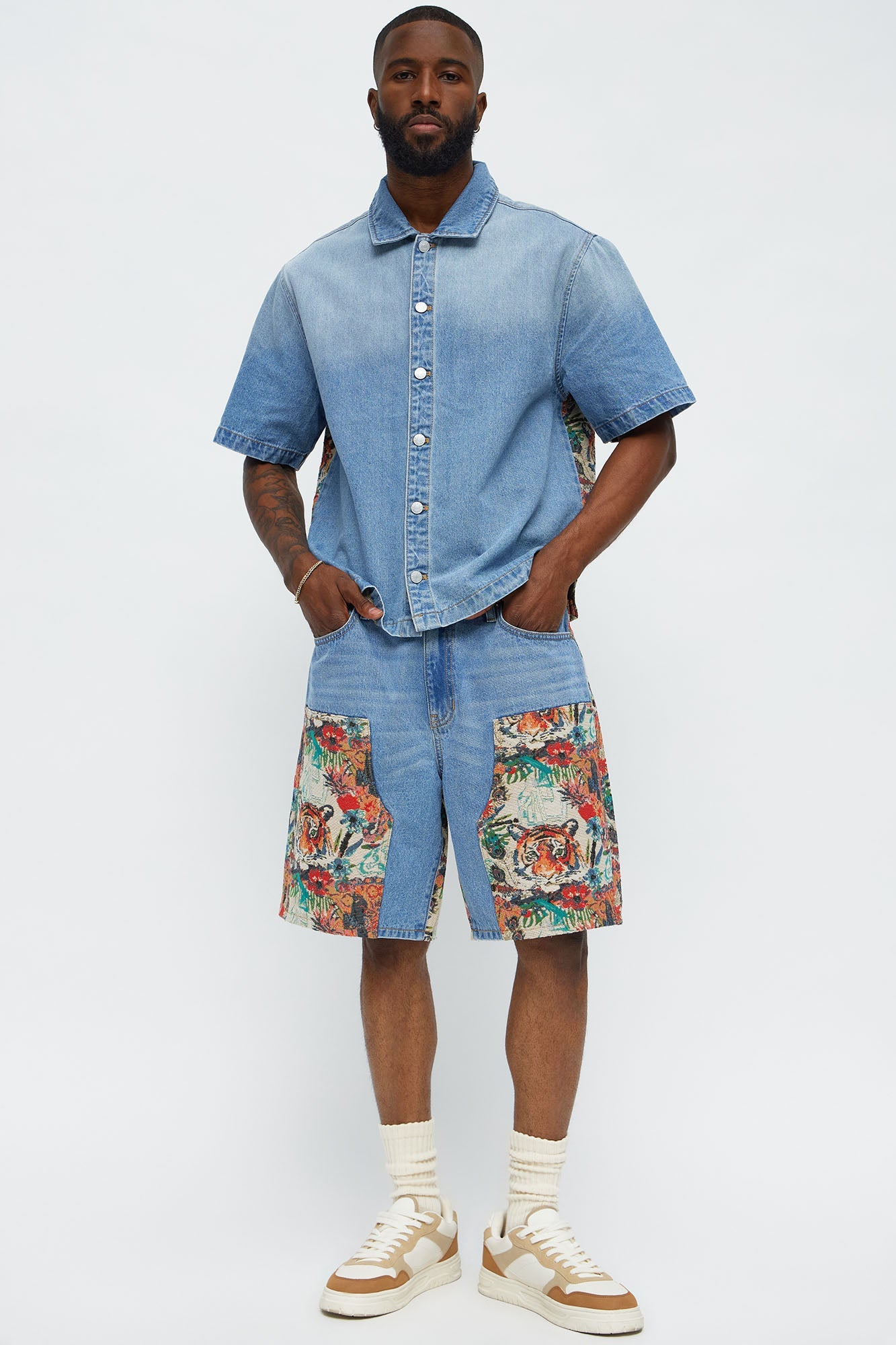 Relaxed Ansel Tapestry Carpenter Denim Shorts - Blue/combo Fashion Nova