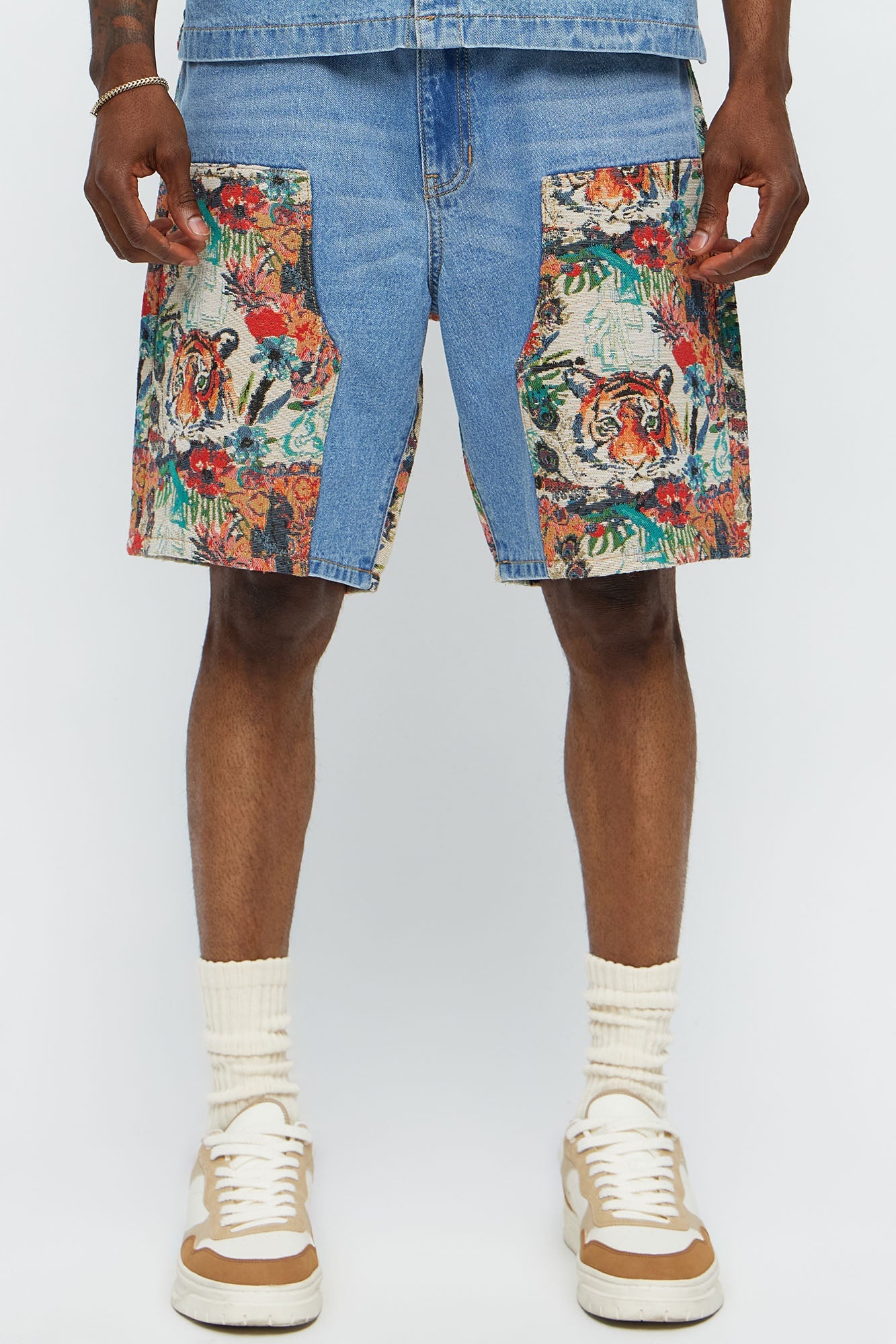 Relaxed Ansel Tapestry Carpenter Denim Shorts - Blue/combo Fashion Nova