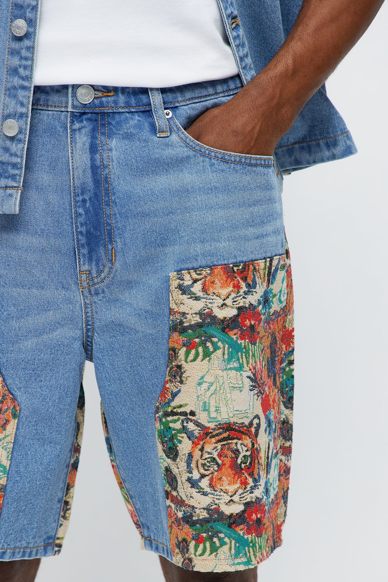 Relaxed Ansel Tapestry Carpenter Denim Shorts - Blue/combo Fashion Nova