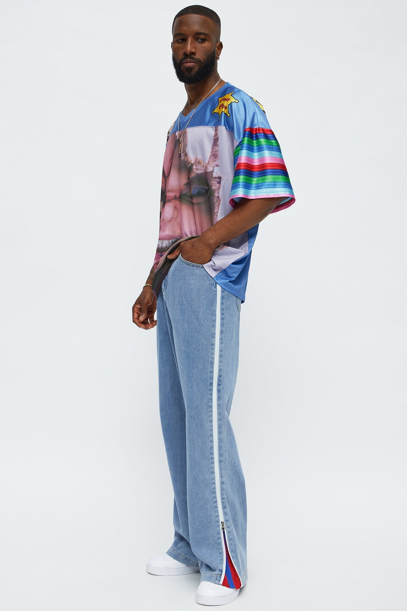 Baggy Side Stripe Zip Hit Jeans - Medium Blue Wash Fashion Nova