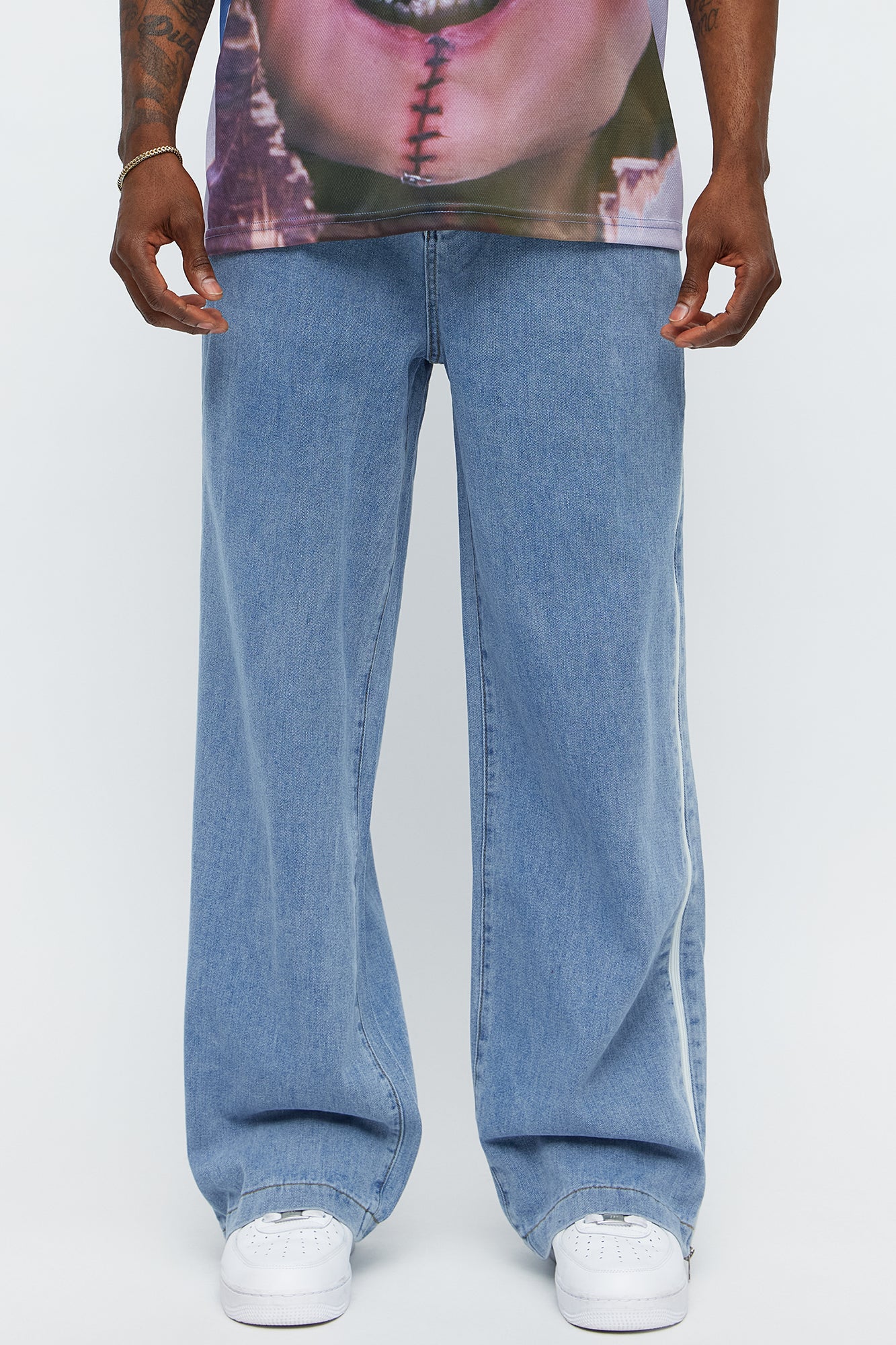 Baggy Side Stripe Zip Hit Jeans - Medium Blue Wash Fashion Nova