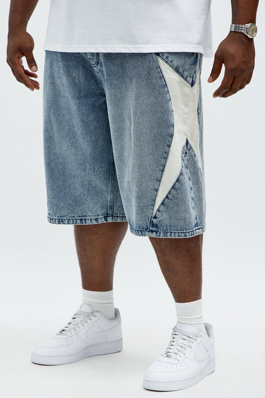 Baggy Side Star Denim Short - Medium Blue Wash Fashion Nova