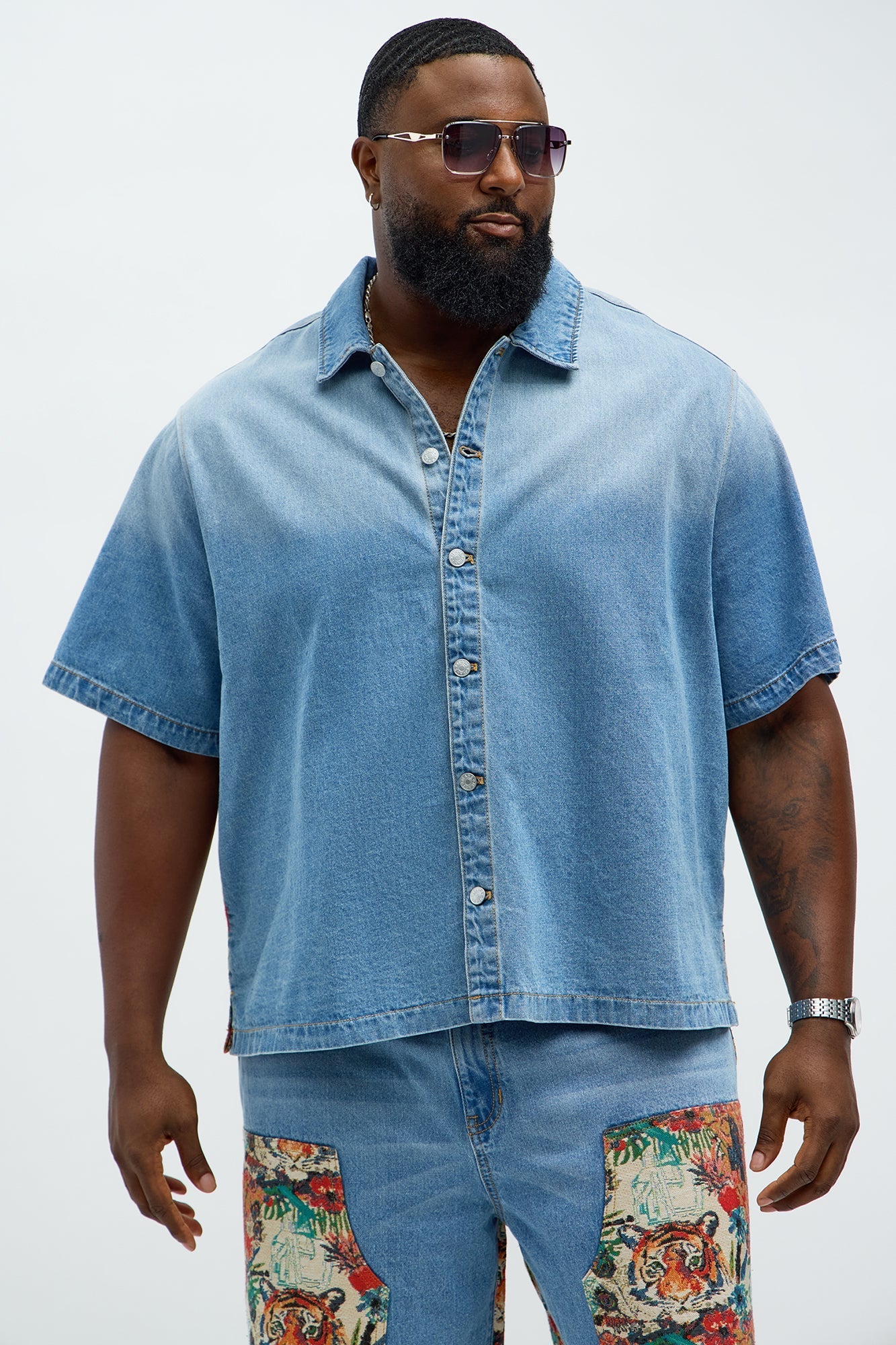 Relaxed Ansel Tapestry Denim Short Sleeve Shirt - Blue/combo Fashion Nova