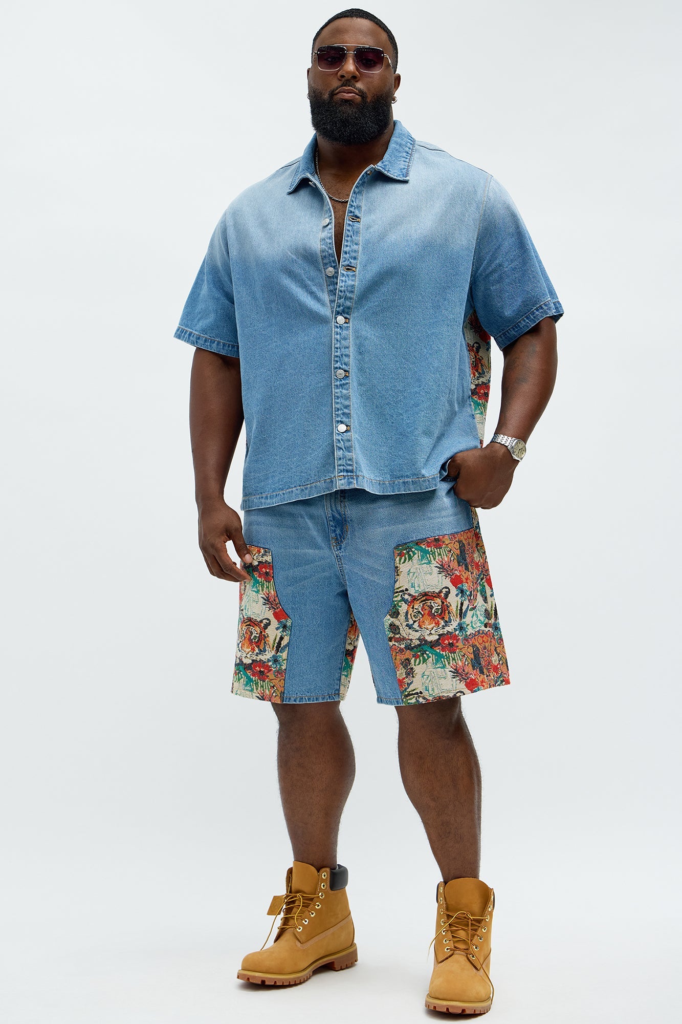 Relaxed Ansel Tapestry Carpenter Denim Shorts - Blue/combo Fashion Nova