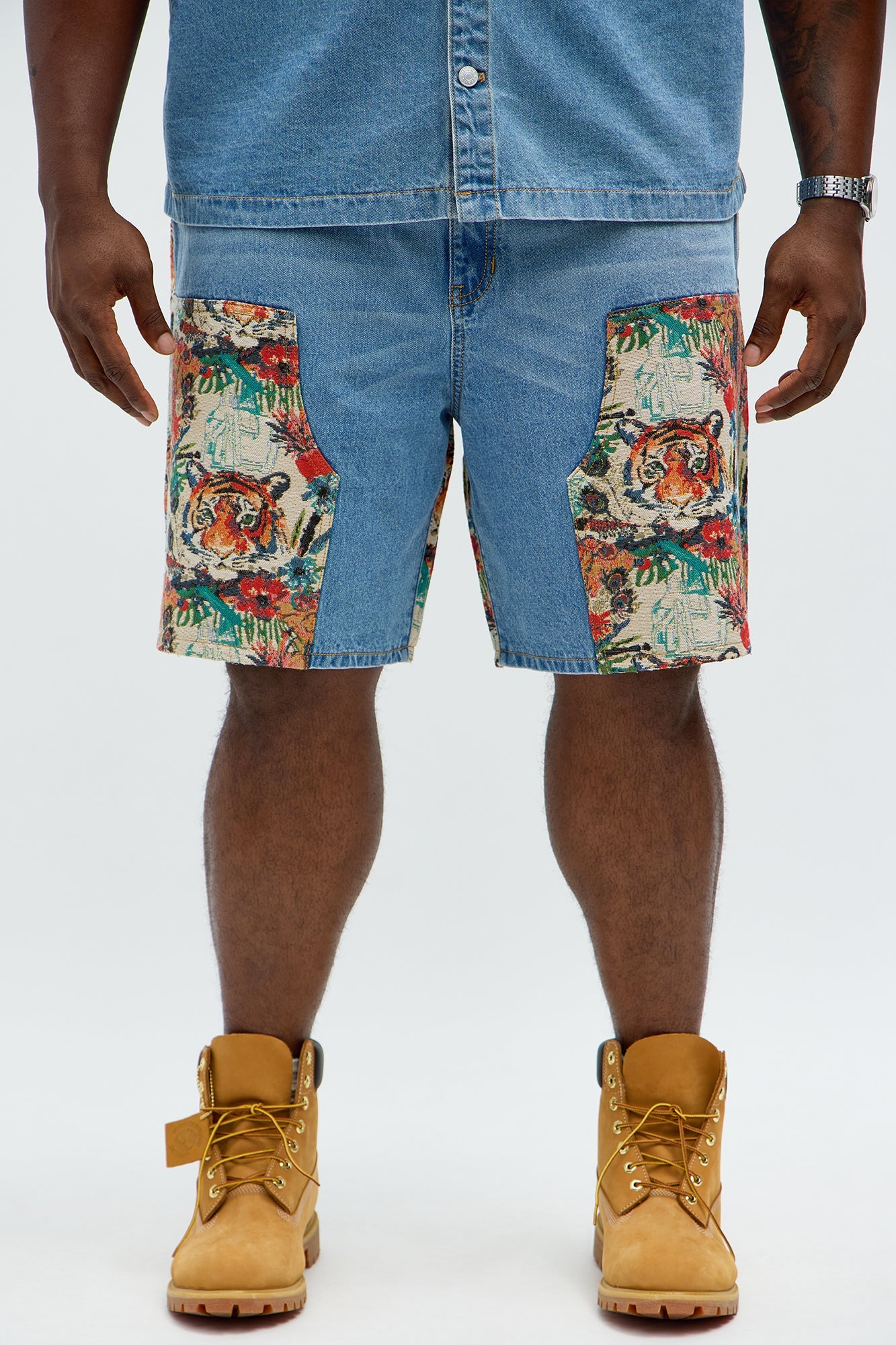 Relaxed Ansel Tapestry Carpenter Denim Shorts - Blue/combo Fashion Nova