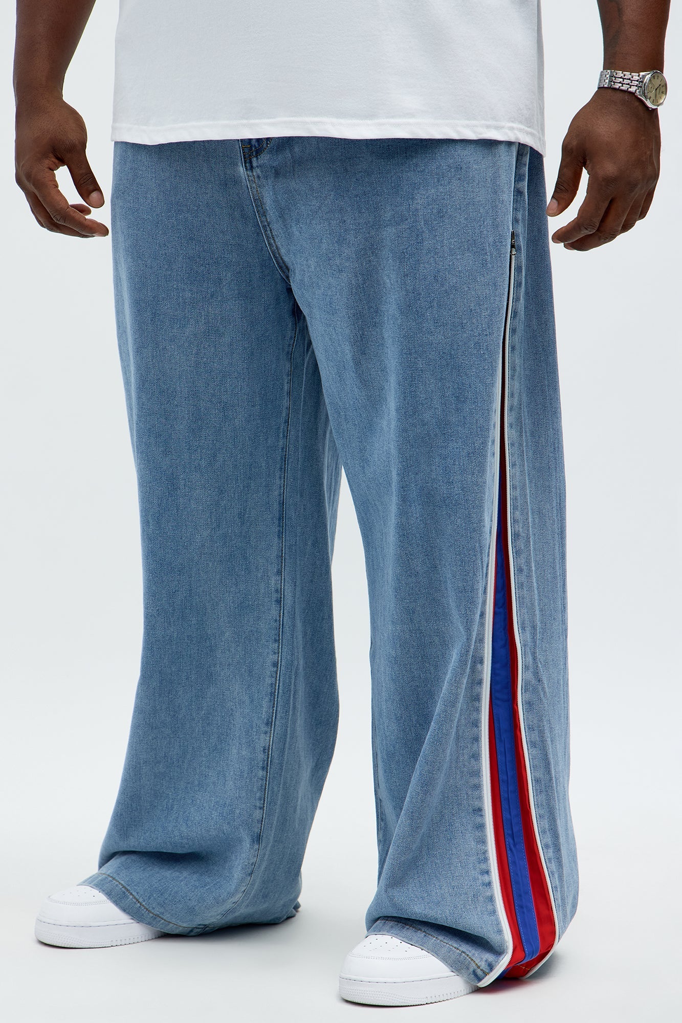 Baggy Side Stripe Zip Hit Jeans - Medium Blue Wash Fashion Nova