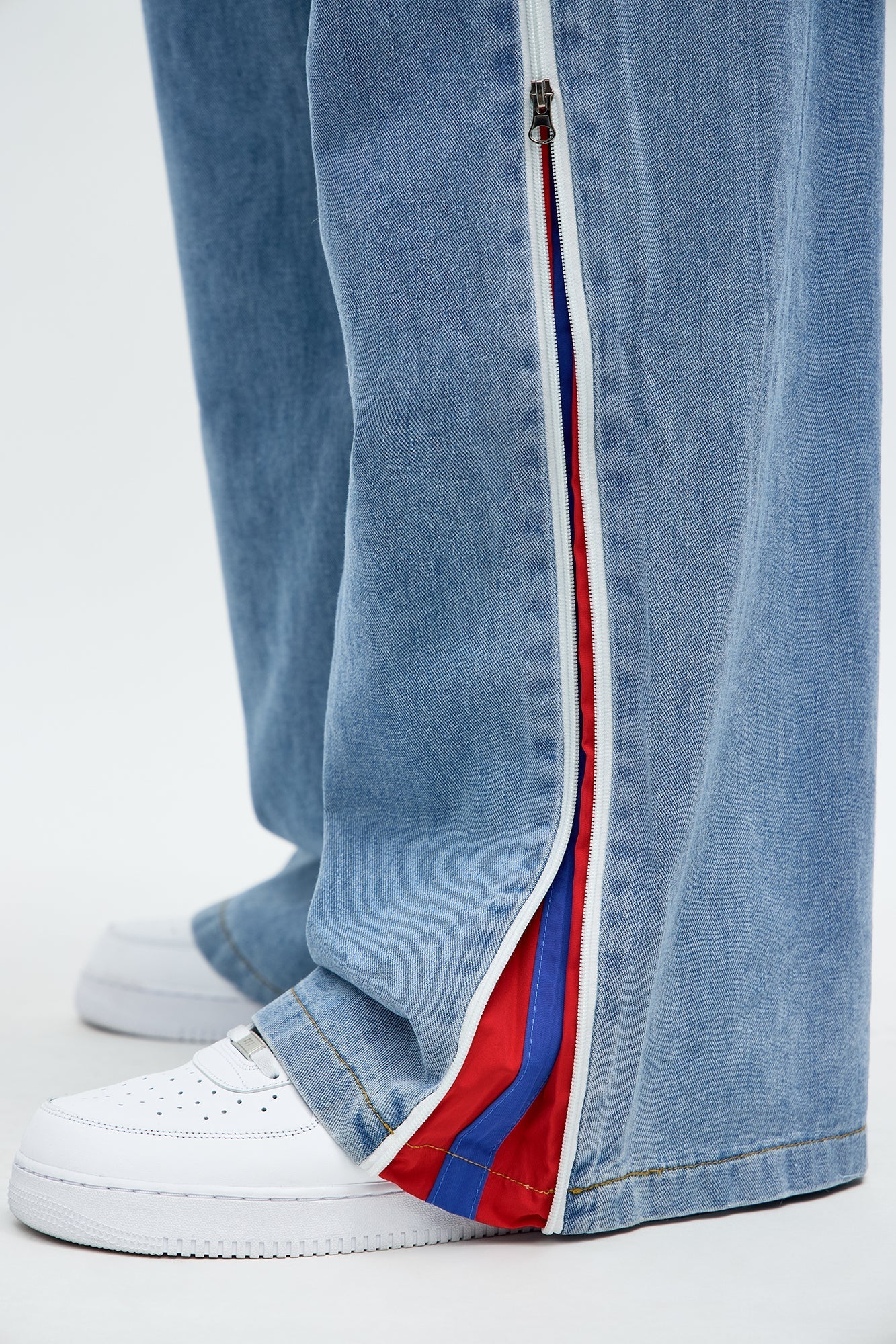 Baggy Side Stripe Zip Hit Jeans - Medium Blue Wash Fashion Nova