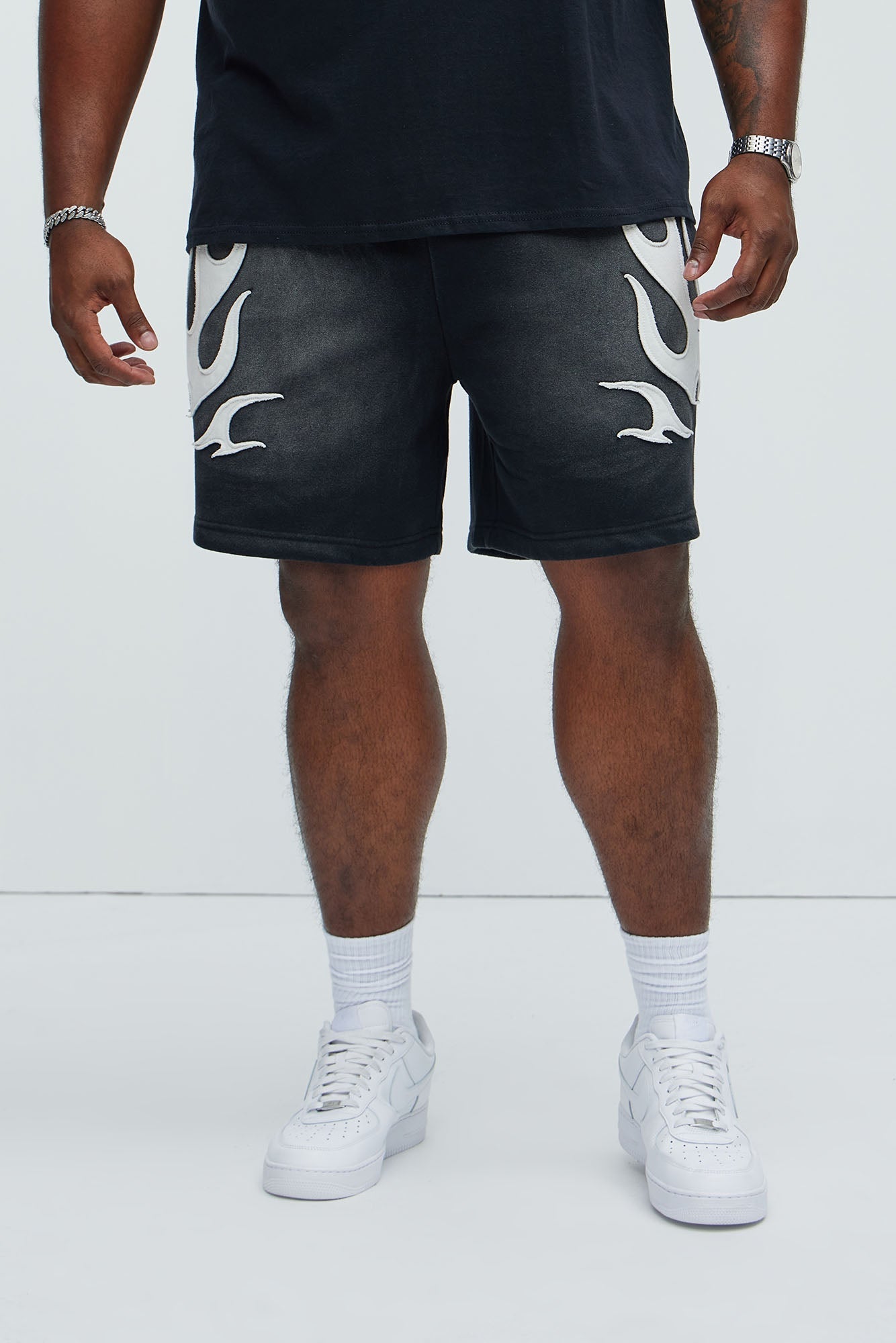 Flame Patch Tyson Relaxed Sweatshorts - Black Fashion Nova