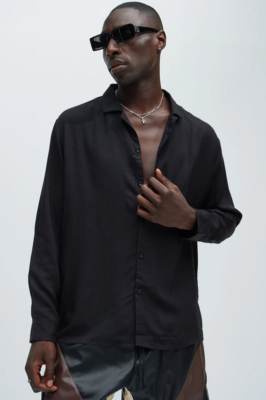 Dawson Relaxed Long Sleeve Button Up Shirt - Black Fashion Nova
