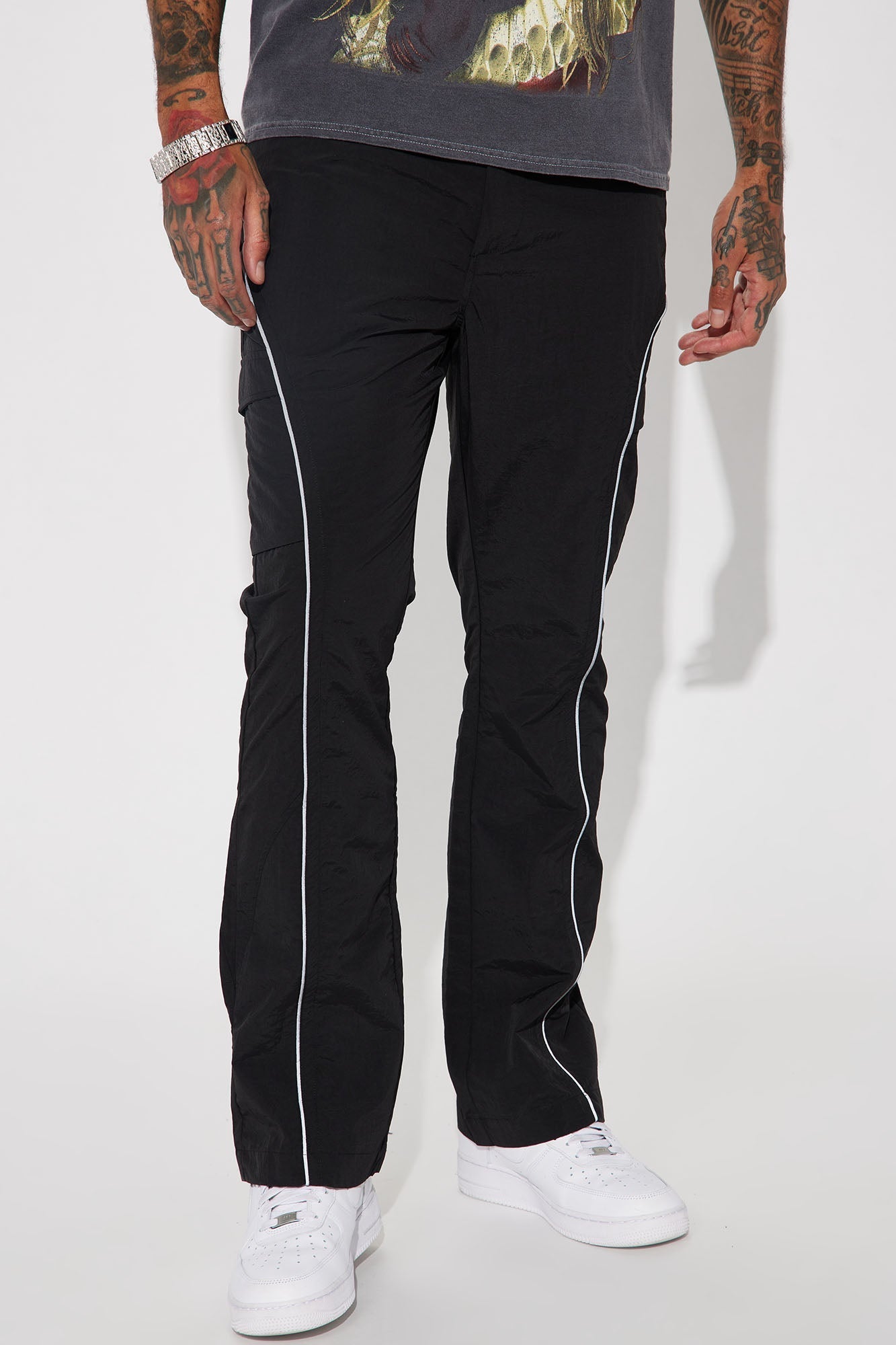 Shake It Down Nylon Stacked Slim Flare Pants - Black Fashion Nova