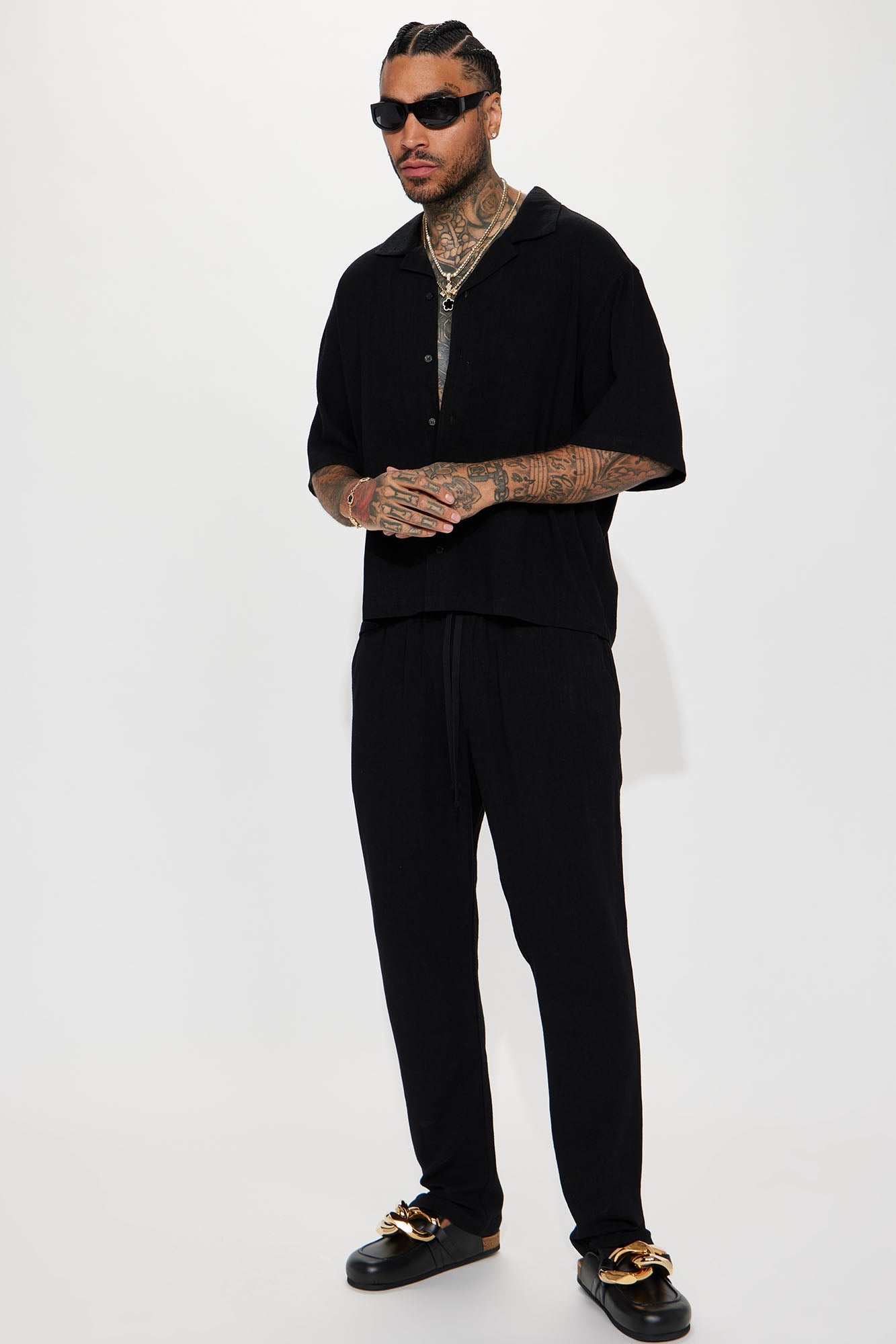 Solid Textured Linen Pull On Side Slit Pants - Black Fashion Nova
