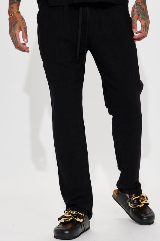 Solid Textured Linen Pull On Side Slit Pants - Black Fashion Nova