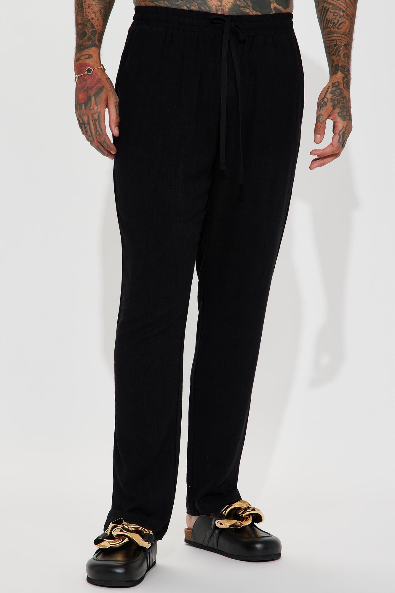 Solid Textured Linen Pull On Side Slit Pants - Black Fashion Nova