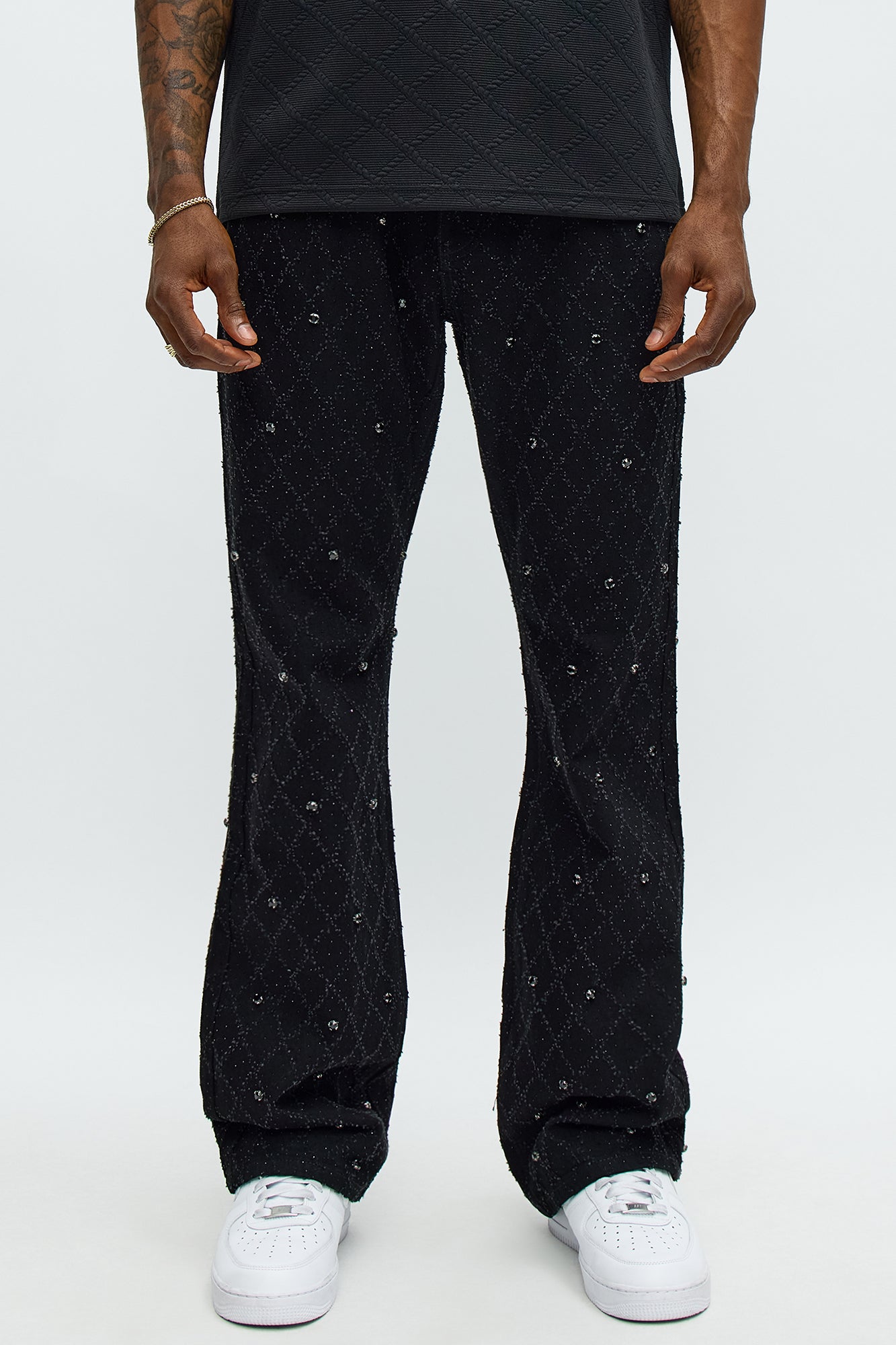 Stacked Slim Flare Wrecked In Jewels Jeans - Black Fashion Nova